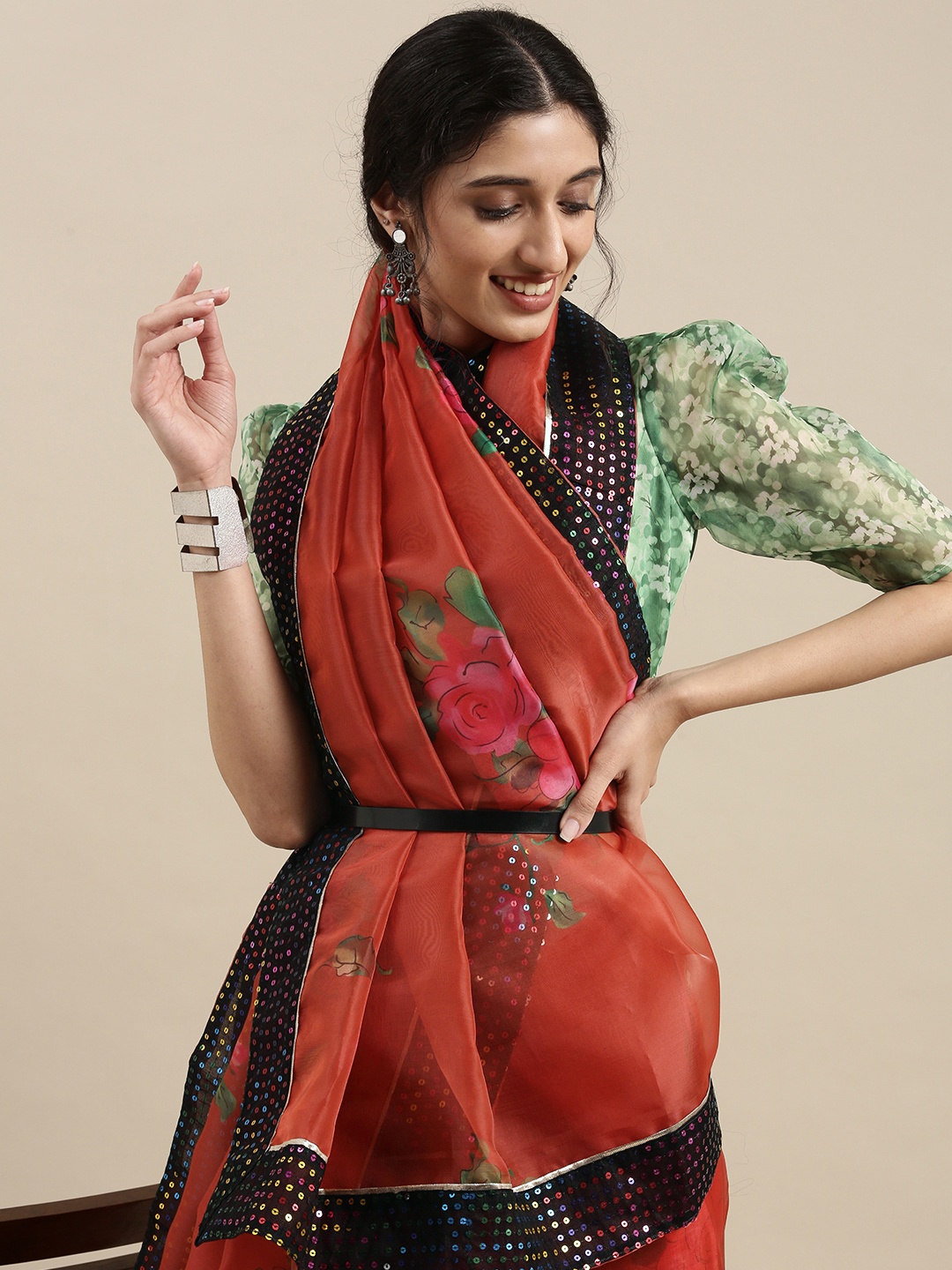 

SHAVYA Red Floral Sequinned Organza Saree