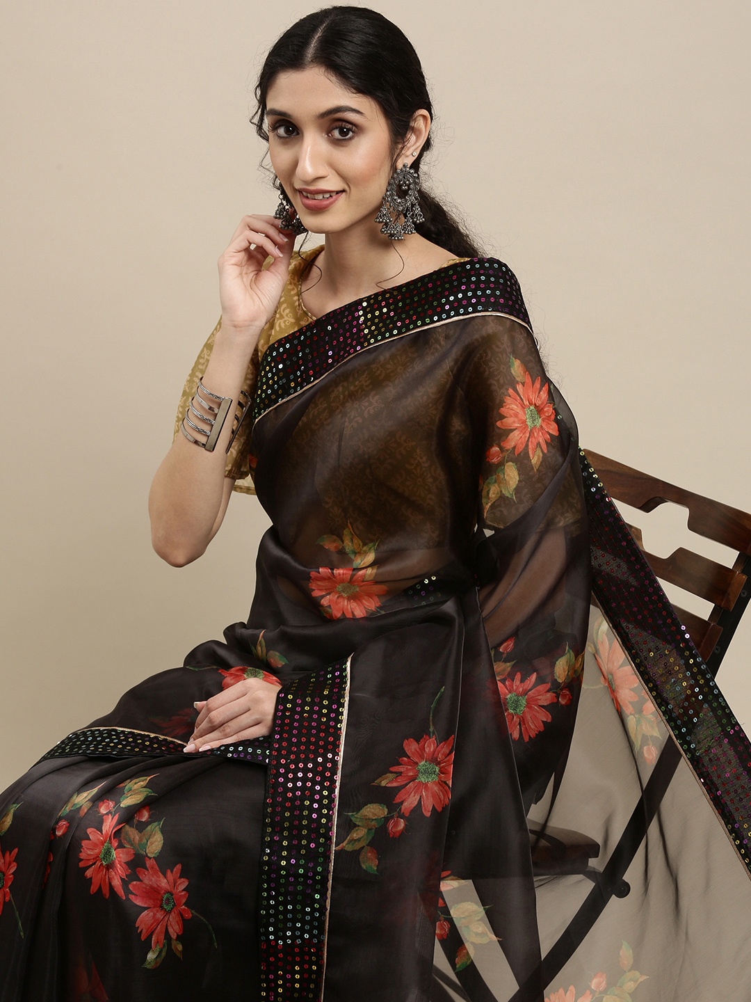 

SHAVYA Black Floral Sequinned Organza Saree