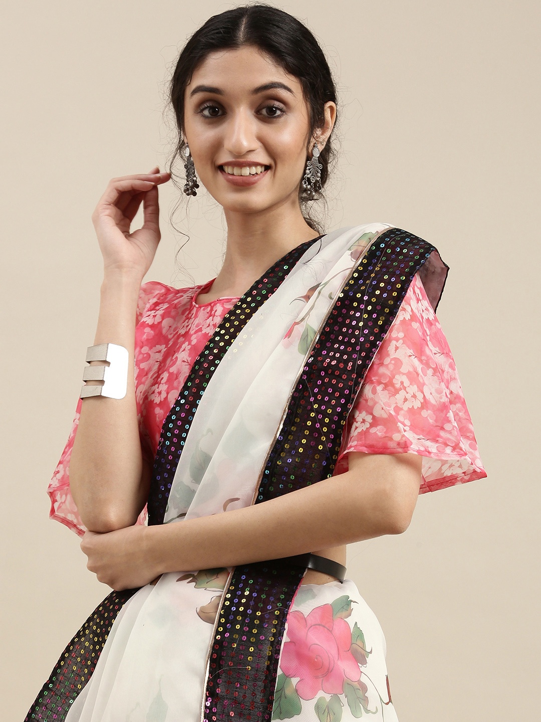 

SHAVYA White Floral Sequinned Organza Saree