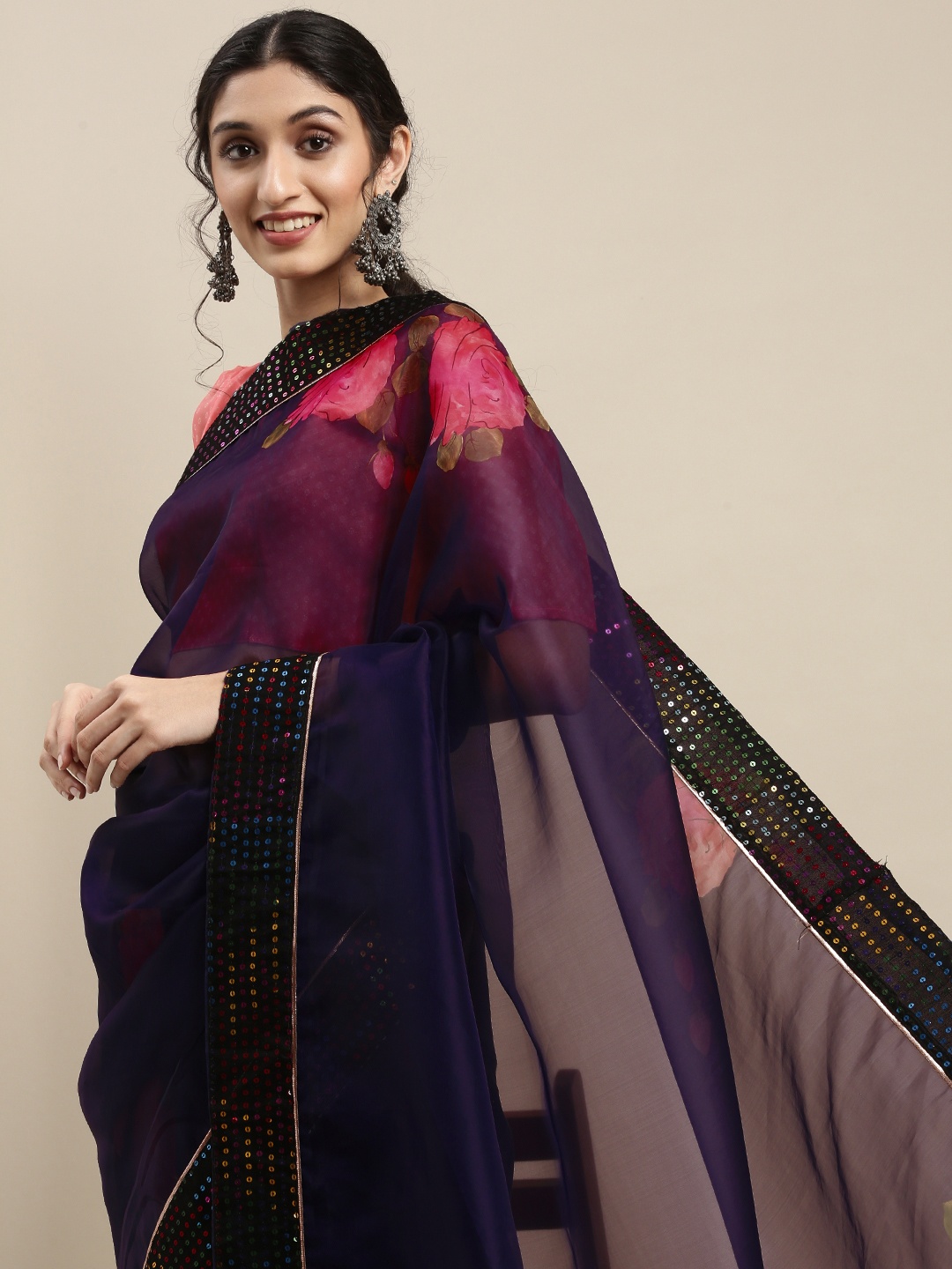 

SHAVYA Violet Floral Sequinned Organza Saree