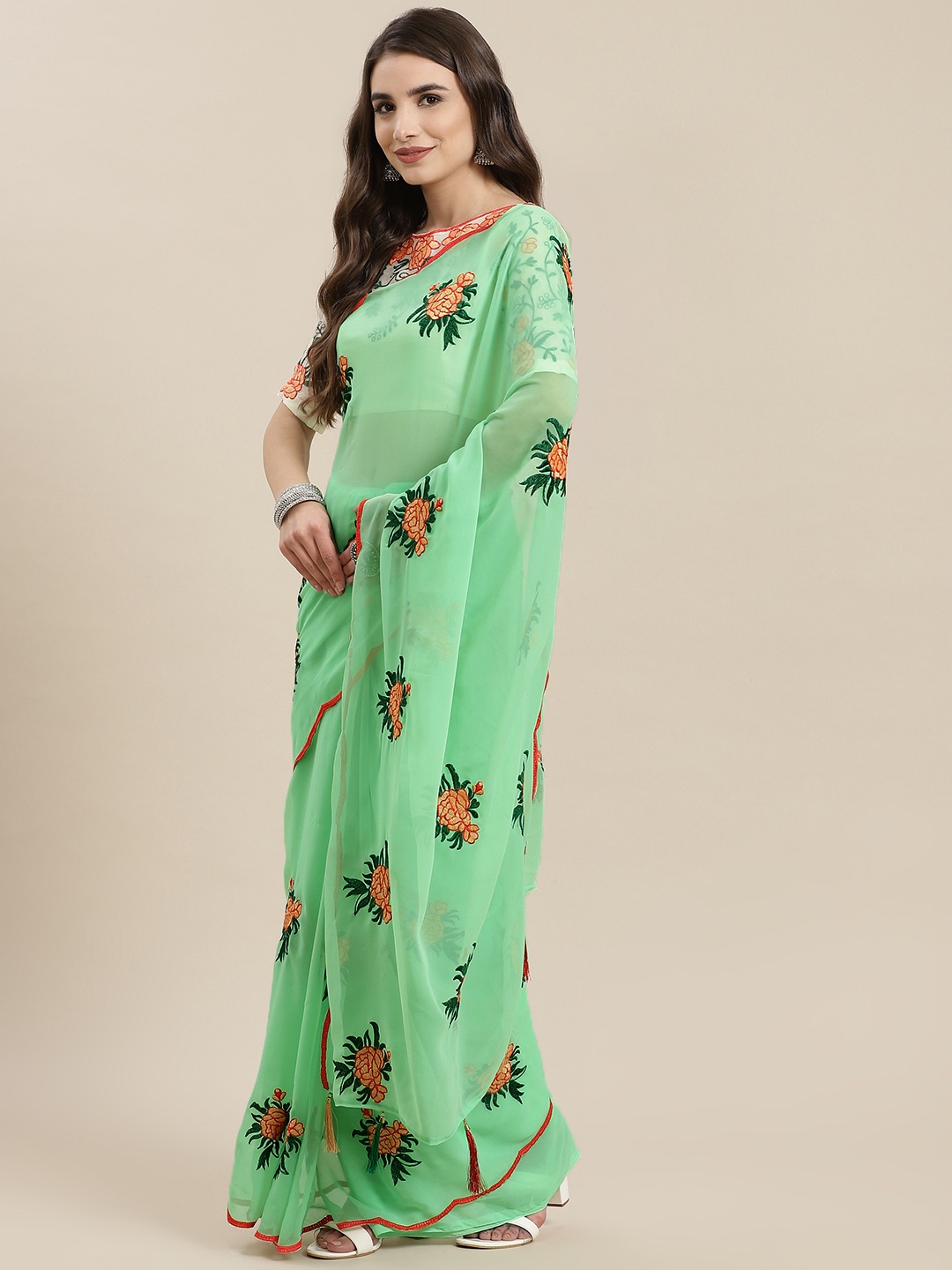 

SERONA FABRICS Sea Green Floral Embroidered Saree
