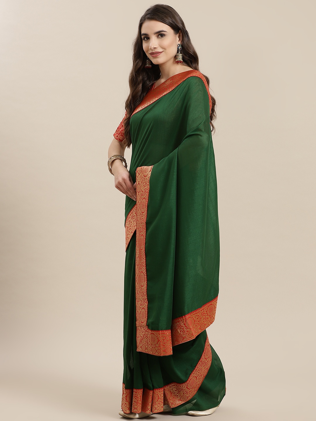 

SERONA FABRICS Green & Red Solid Zari Saree with Jacquard Blouse Piece