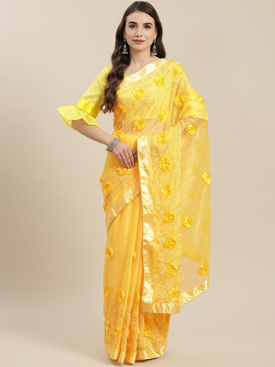 

SERONA FABRICS Yellow Satin Ribbon Flower Embroidered Pure Chiffon Saree