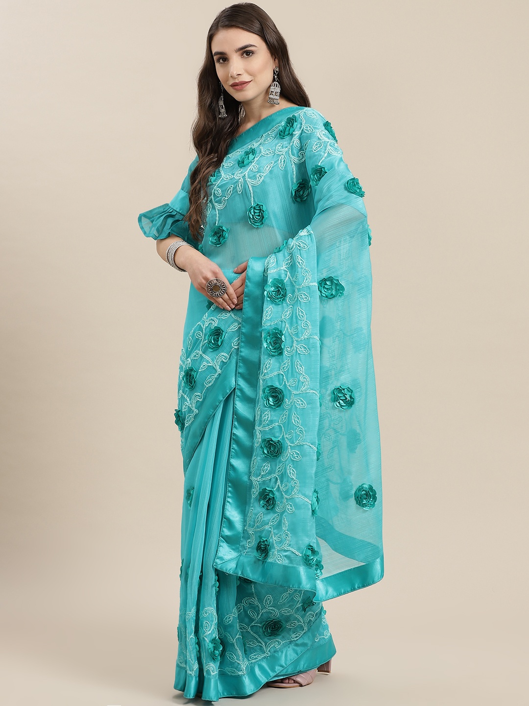 

SERONA FABRICS Turquoise Blue Floral Embroidered Pure Chiffon Saree