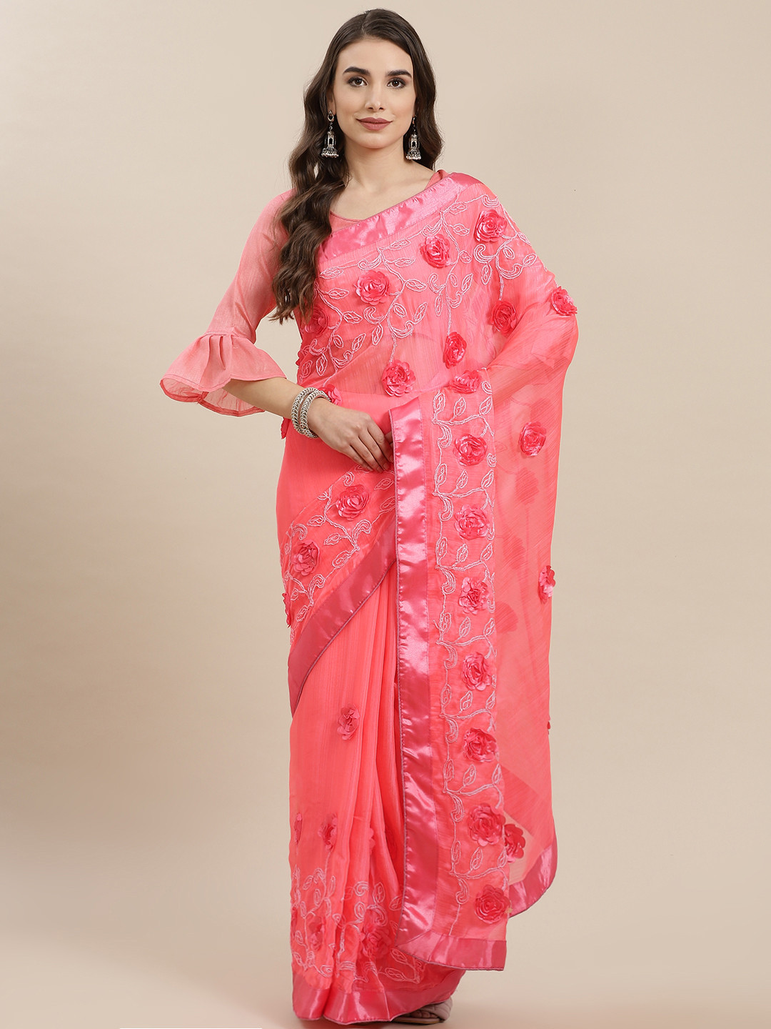 

SERONA FABRICS Pink Satin Ribbon Flower Embroidered Pure Chiffon Saree