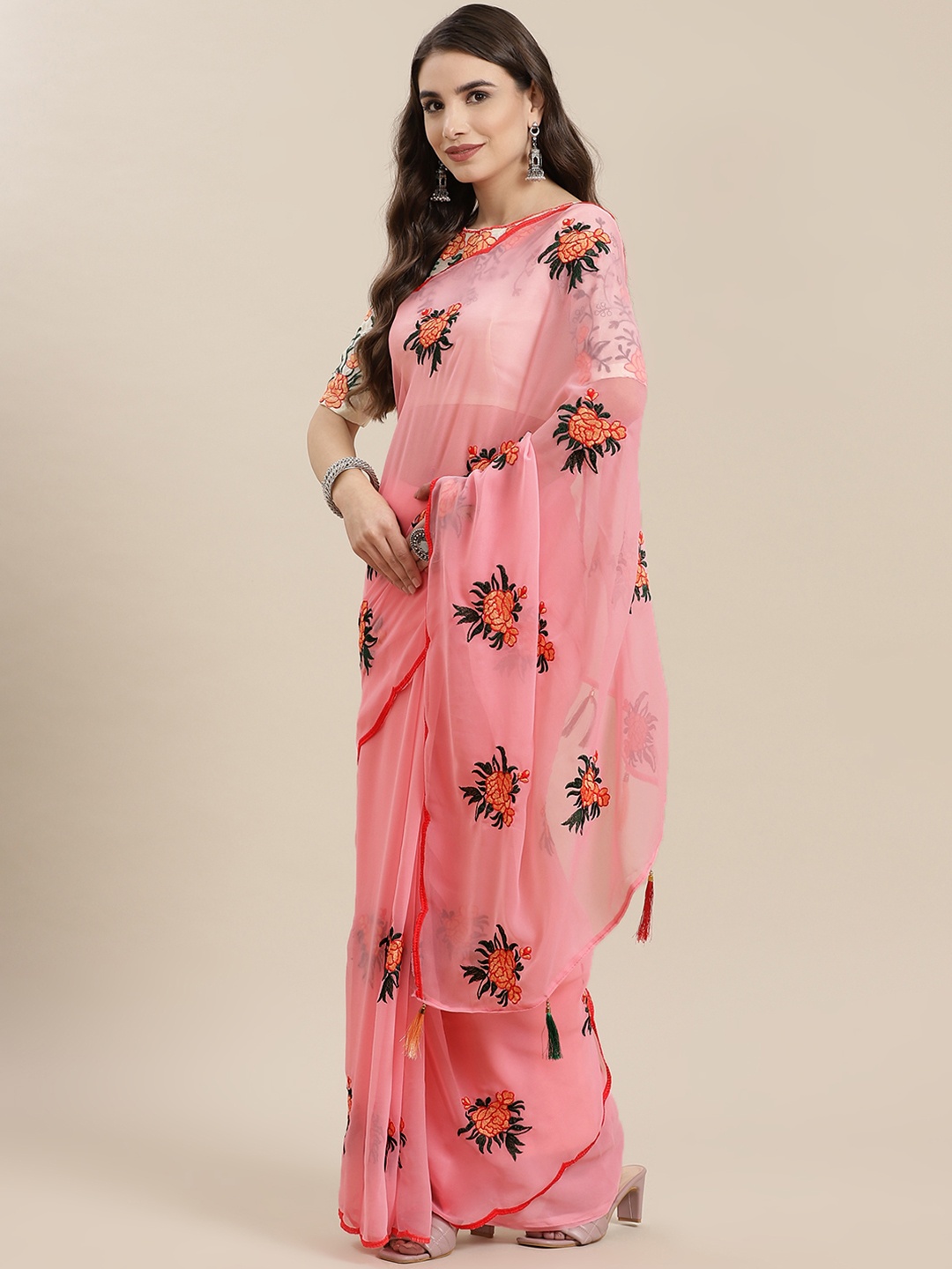 

SERONA FABRICS Pink Floral Embroidered Saree