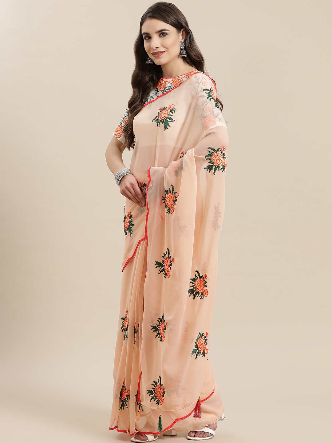 

SERONA FABRICS Peach-Coloured Floral Embroidered Ready to Wear Saree