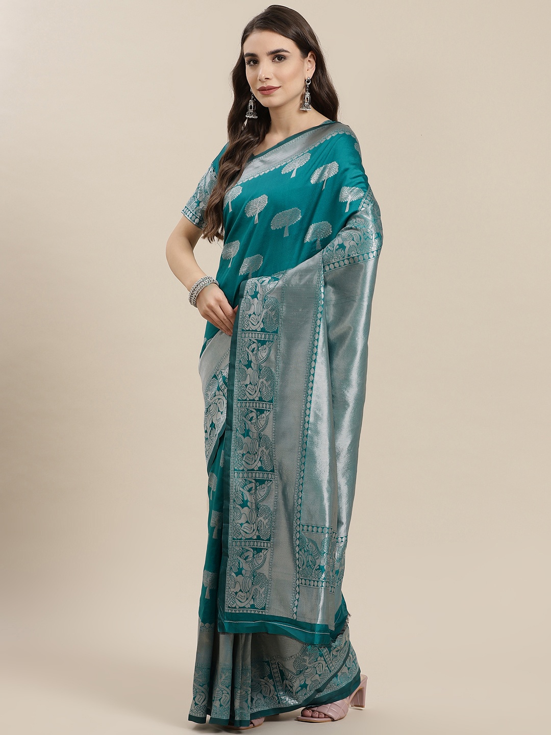 

SERONA FABRICS Green Woven Design Zari Ready to Wear Banarasi Saree