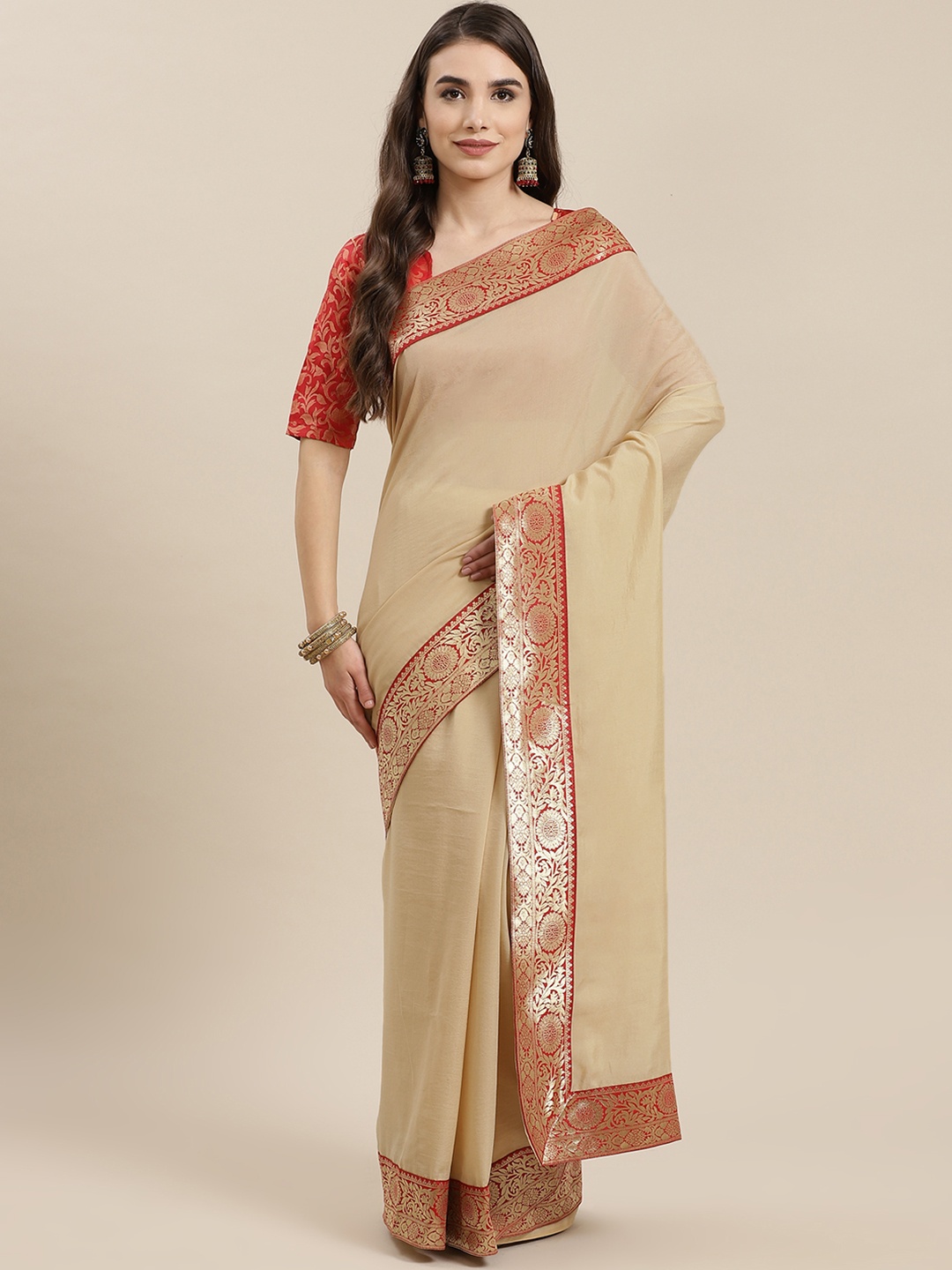 

SERONA FABRICS Beige & Red Zari Saree