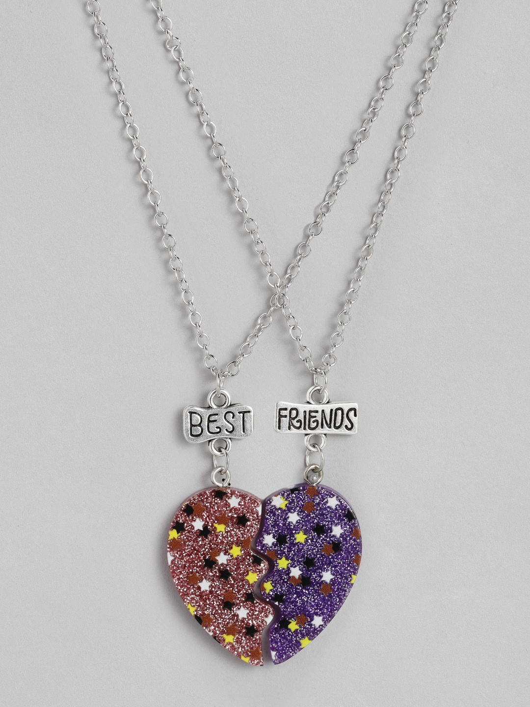 

EL REGALO Set of 2 Orange & Purple Heart Shaped Best Friends Glitter Link Necklace