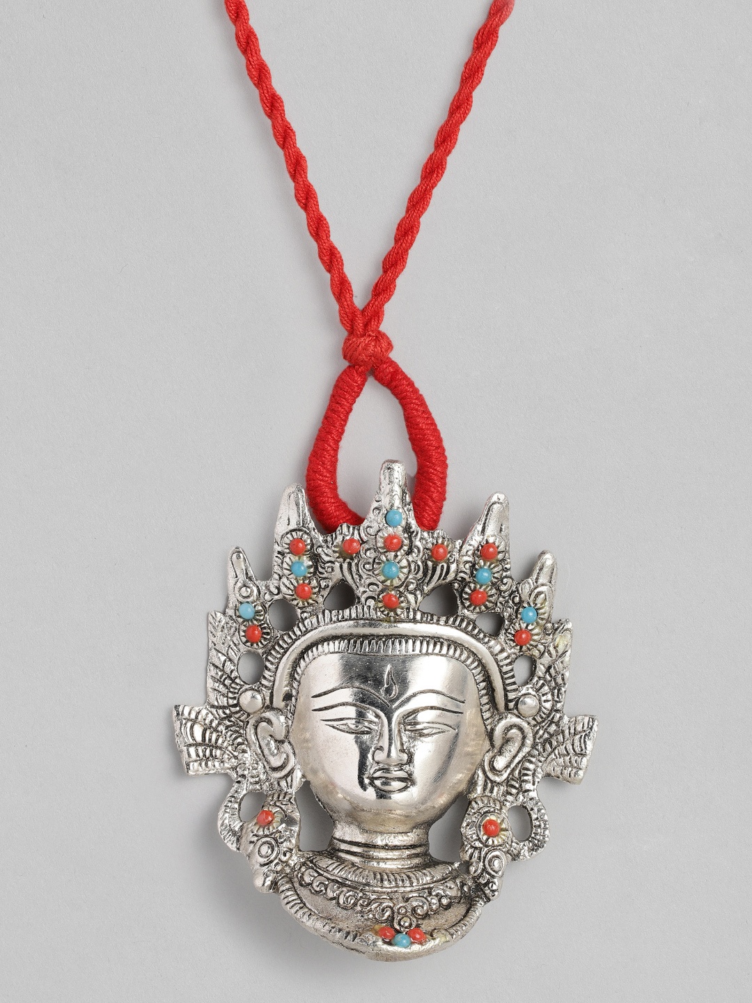 

EL REGALO Silver-Toned & Red Durga German Silver Temple Necklace