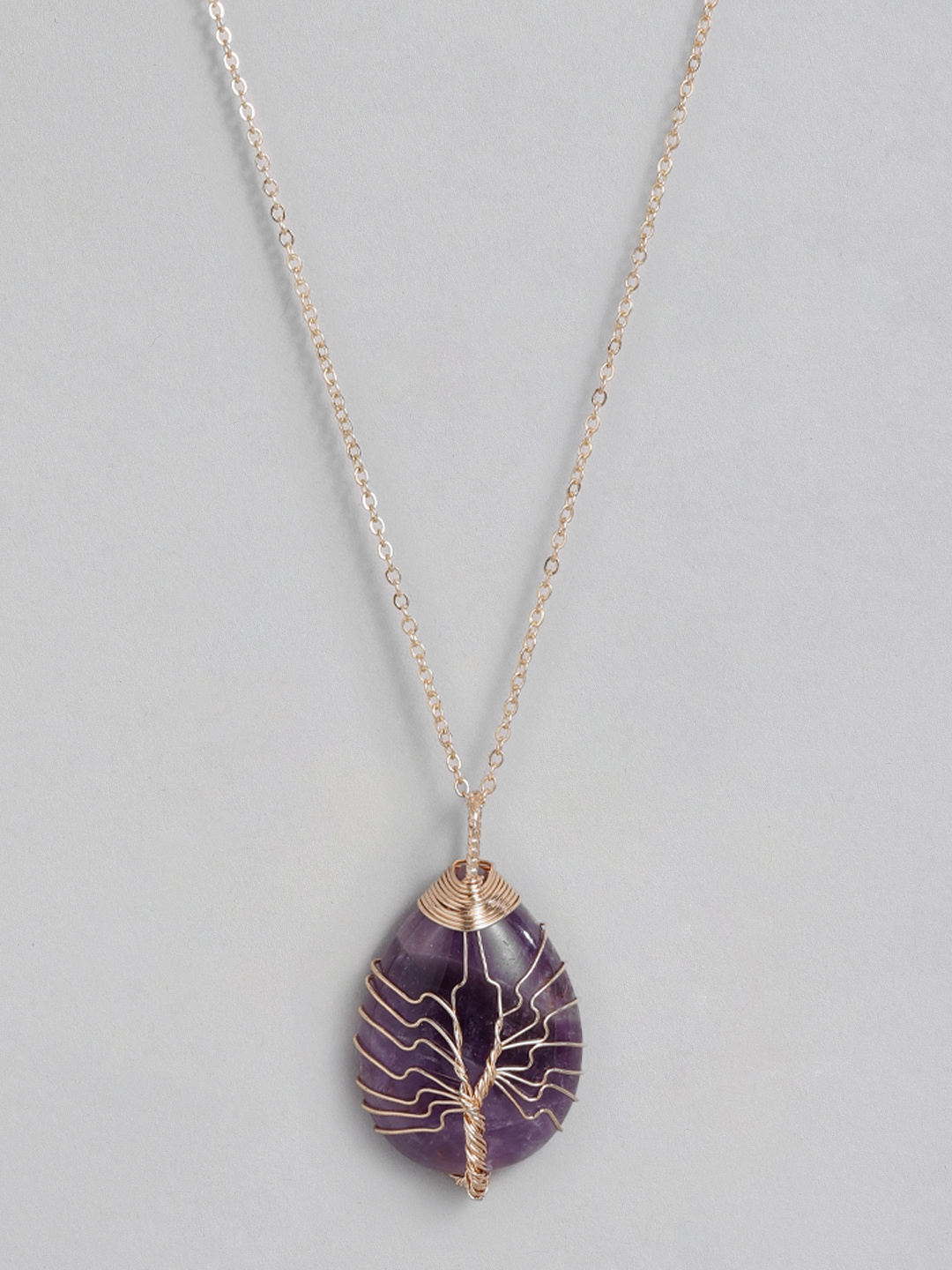 

EL REGALO Purple & Gold-Toned Tree of Life Teardrop Studded Handcrafted Link Necklace