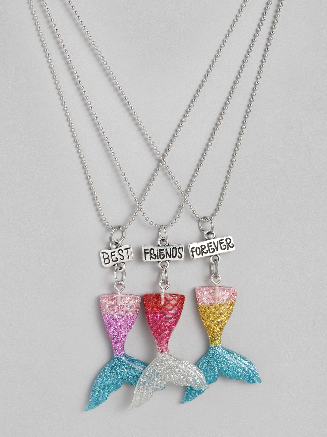 

EL REGALO Kids Girls Set of 3 Mermaid Best Friends Glitter Link Necklace, Pink