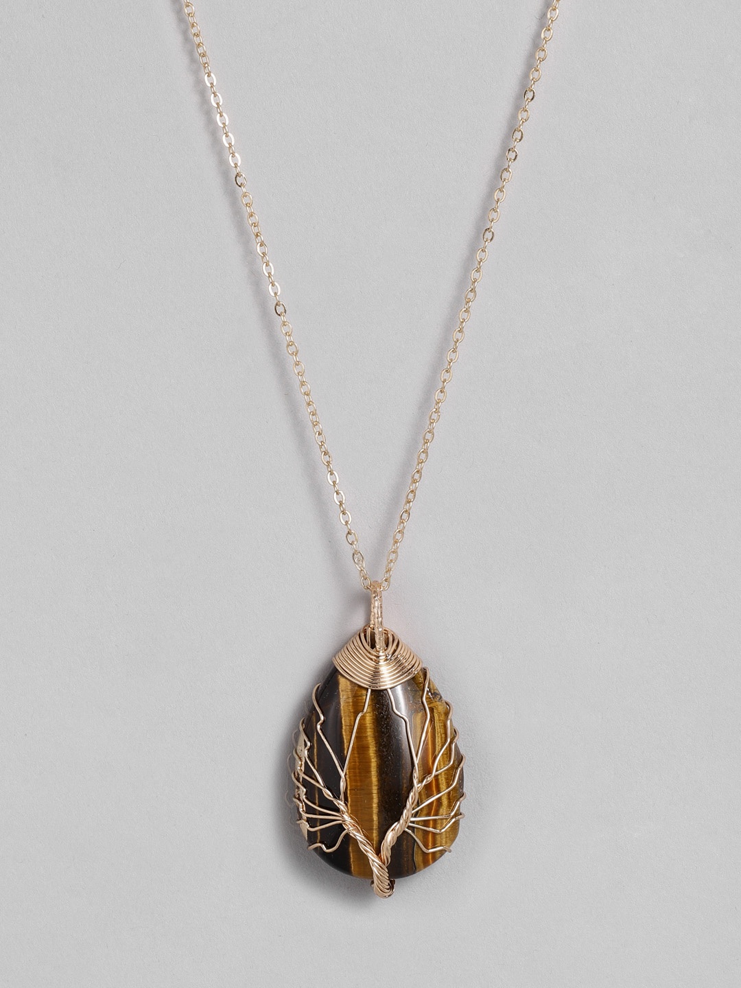 

EL REGALO Brown & Gold-Toned Tree of Life Teardrop Studded Handcrafted Link Necklace