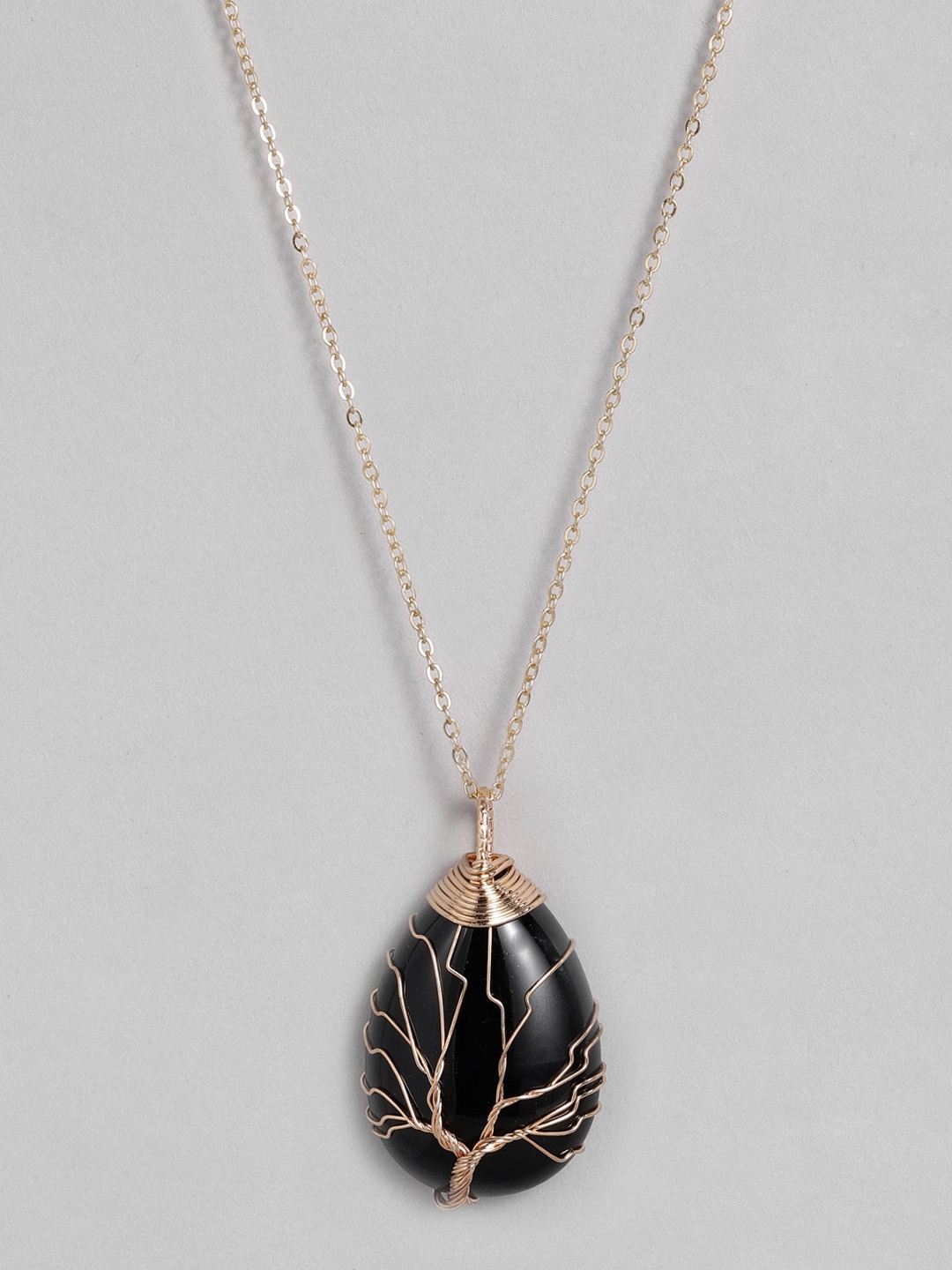 

EL REGALO Black & Gold-Toned Tree of Life Teardrop Studded Handcrafted Link Necklace