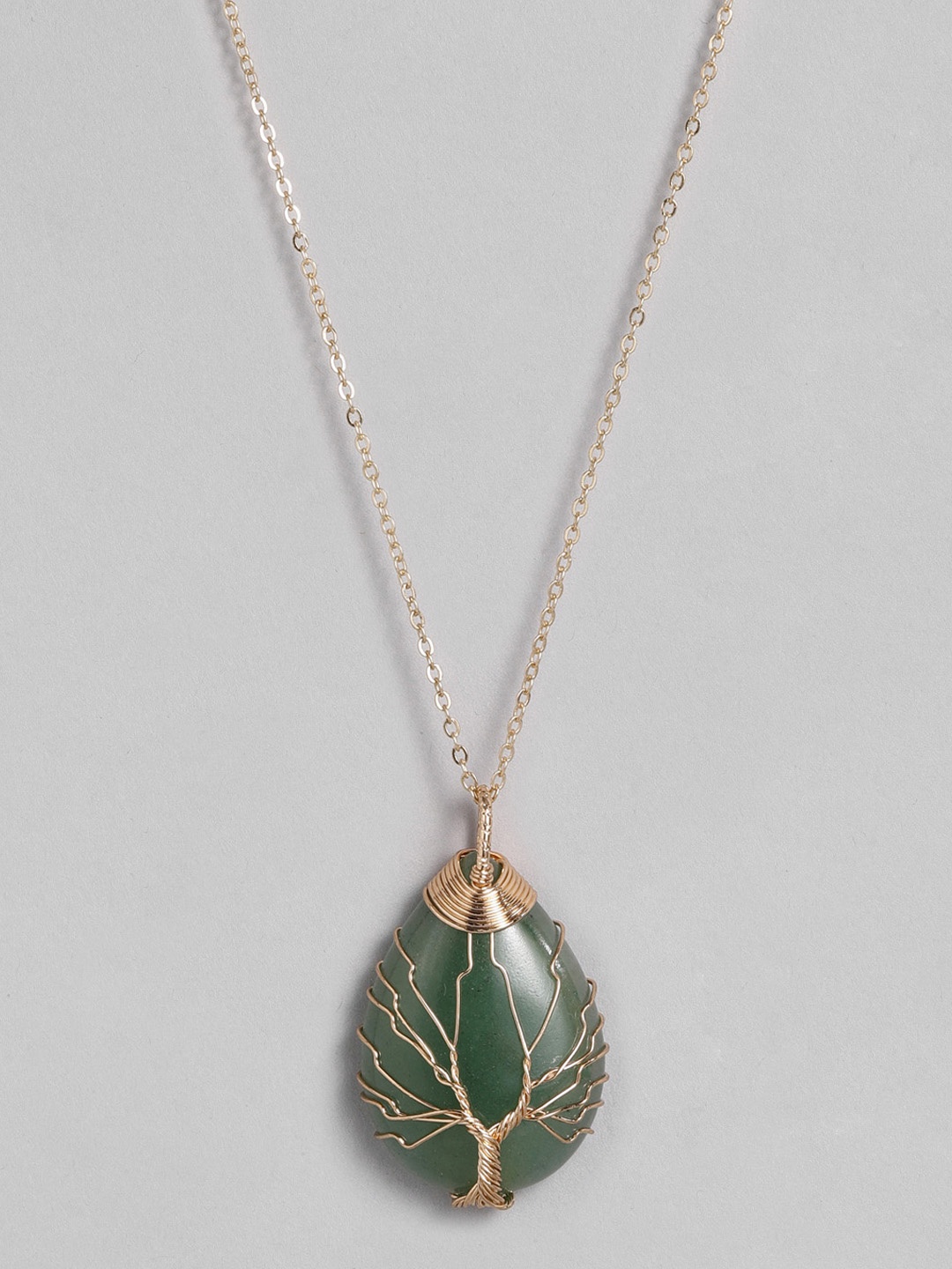 

EL REGALO Green & Gold-Toned Tree of Life Teardrop Studded Handcrafted Link Necklace