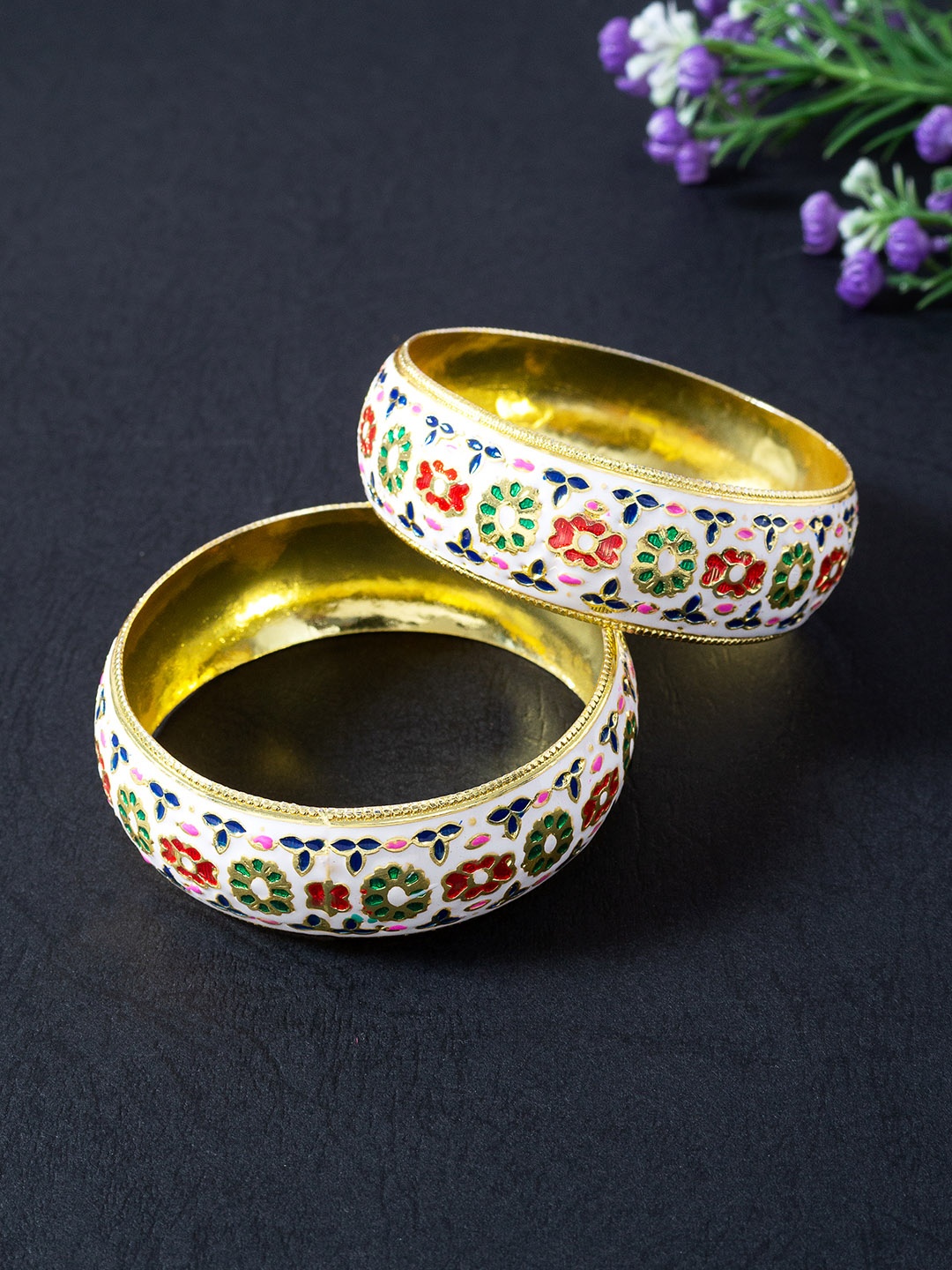 

Golden Peacock Set Of 2 White & Gold-Toned Floral Design Meenakari Bangles