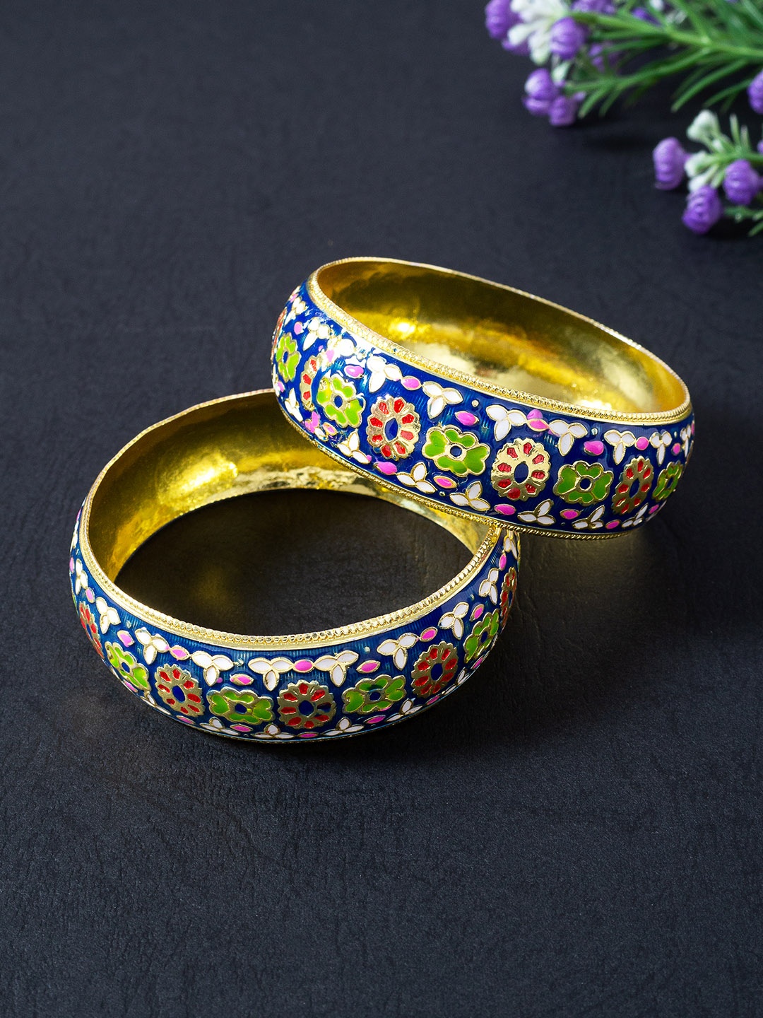 

Golden Peacock Set Of 2 Navy Blue & Gold-Toned Floral Design Meenakari Bangles