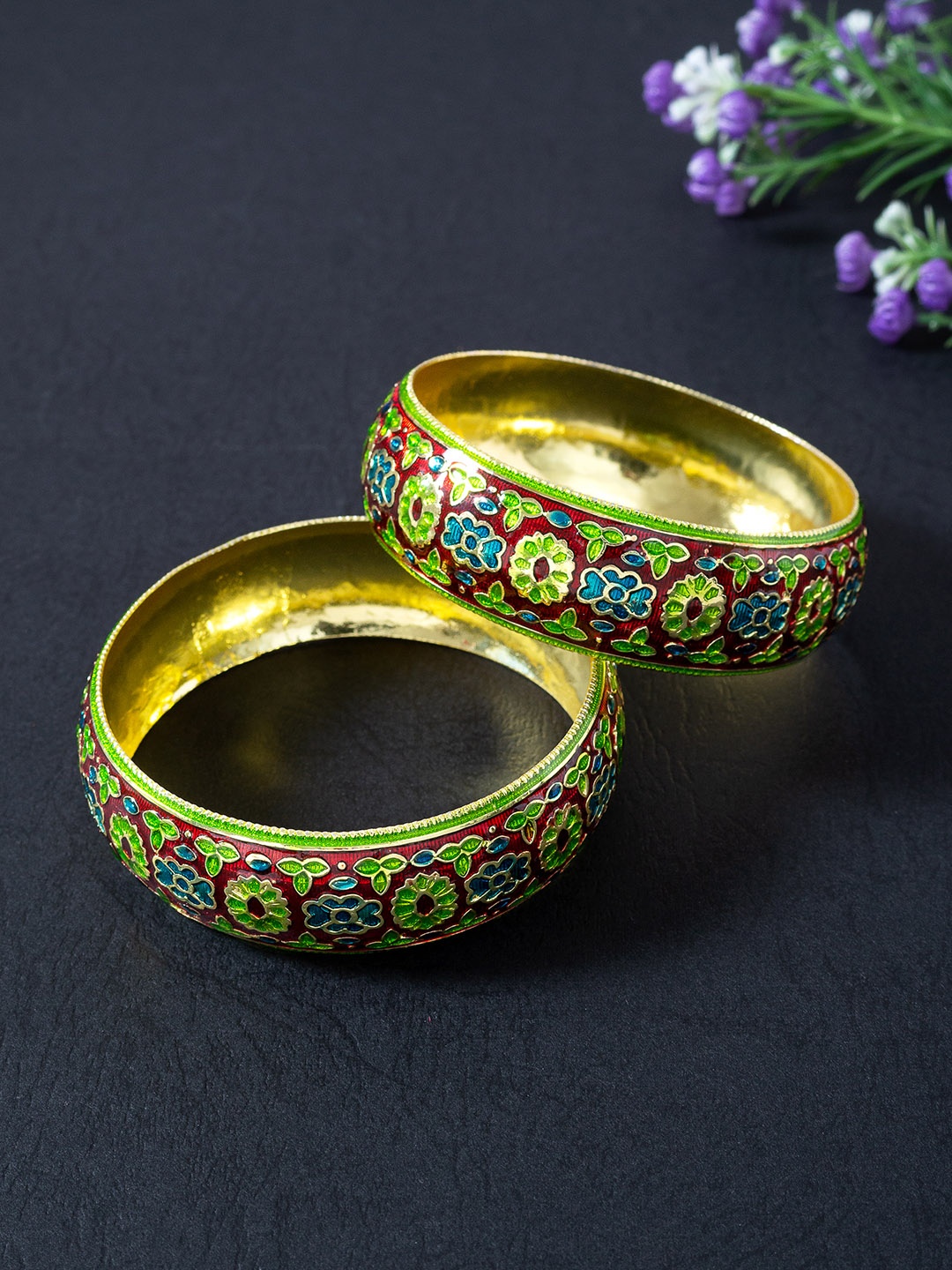 

Golden Peacock Set Of 2 Maroon & Gold-Toned Floral Design Meenakari Bangles
