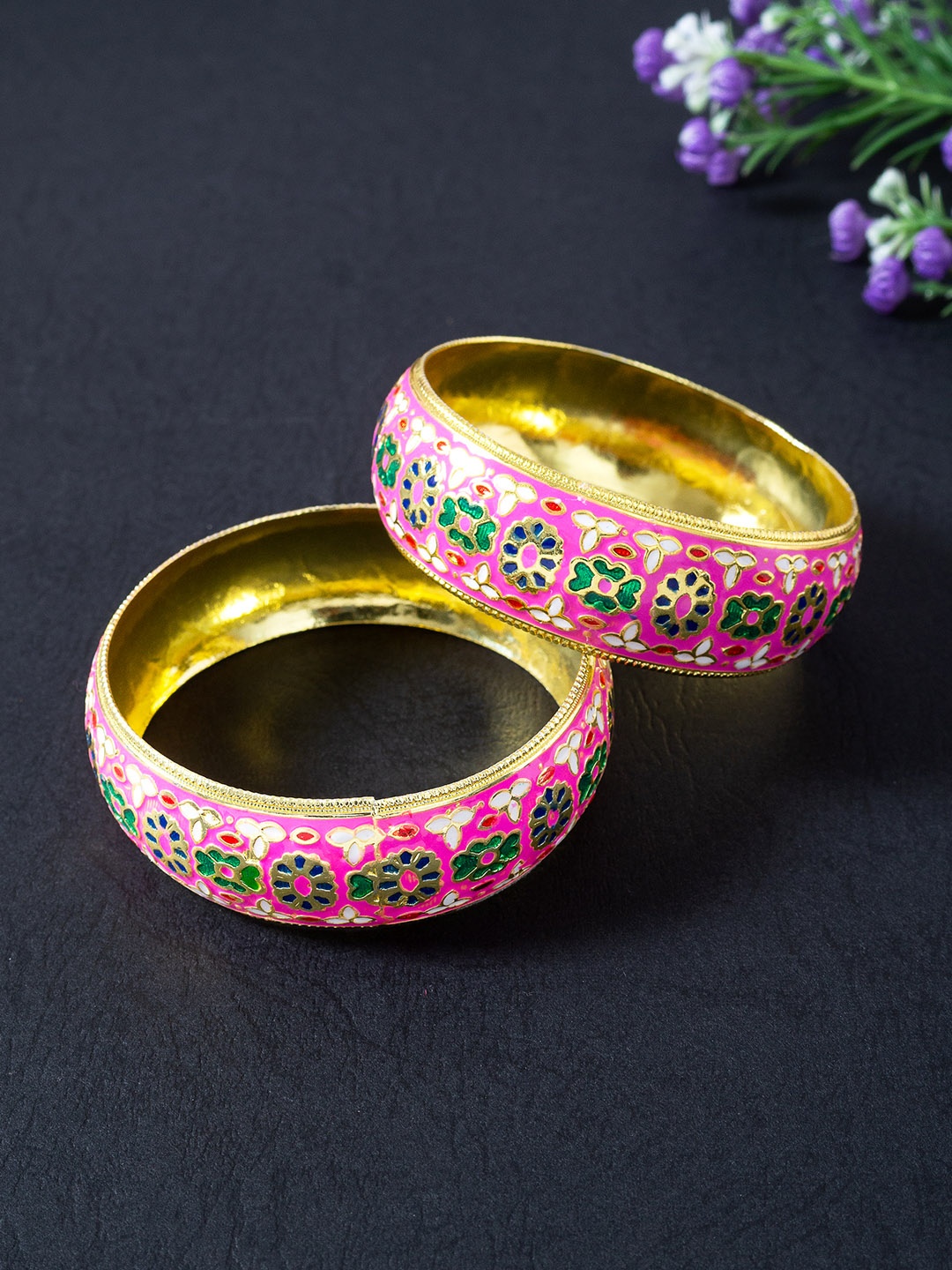 

Golden Peacock Set Of 2 Pink & Gold-Toned Handcrafted Floral Design Meenakari Bangles