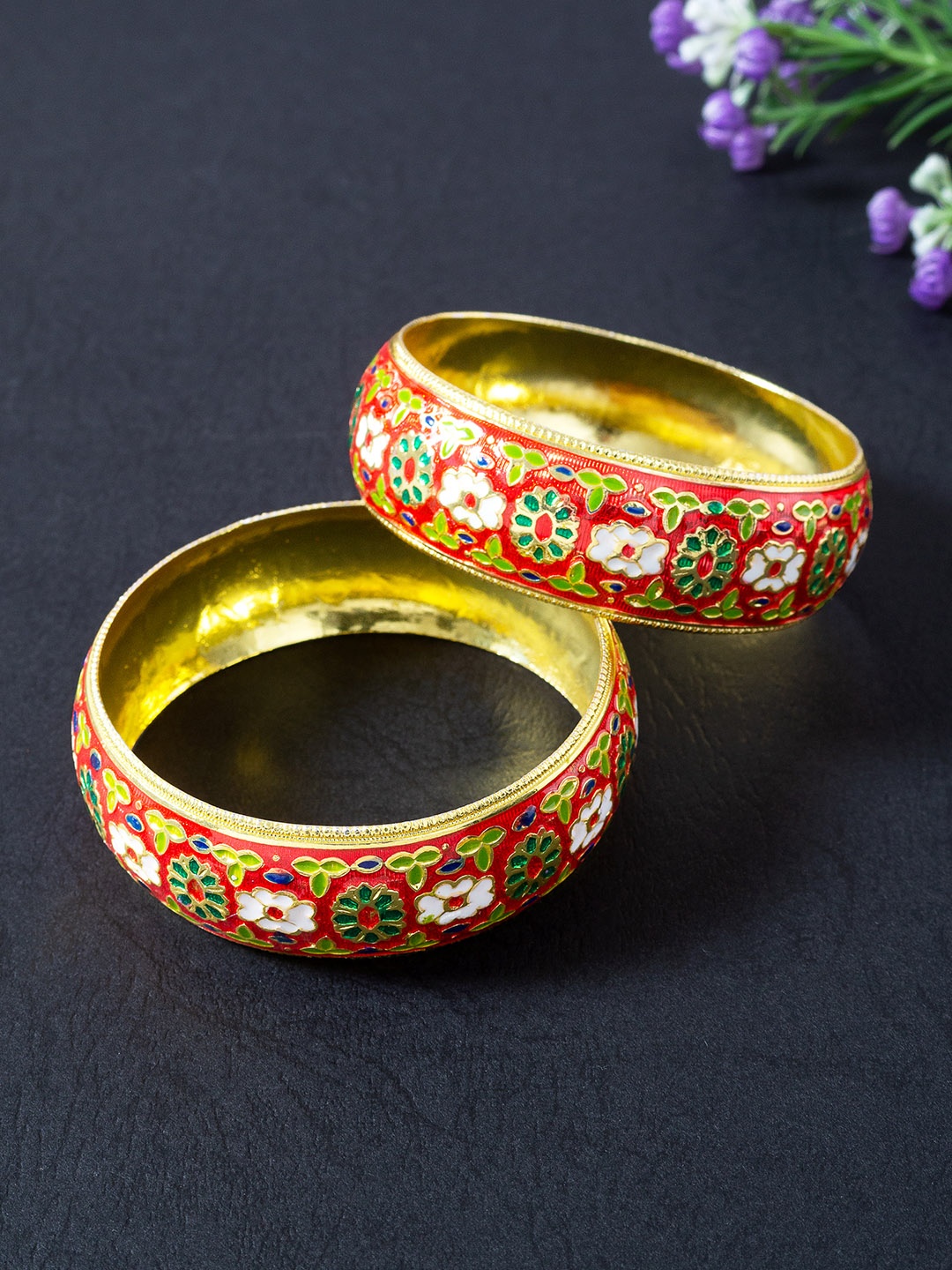 

Golden Peacock Set Of 2 Red & Gold-Toned Floral Design Meenakari Bangles