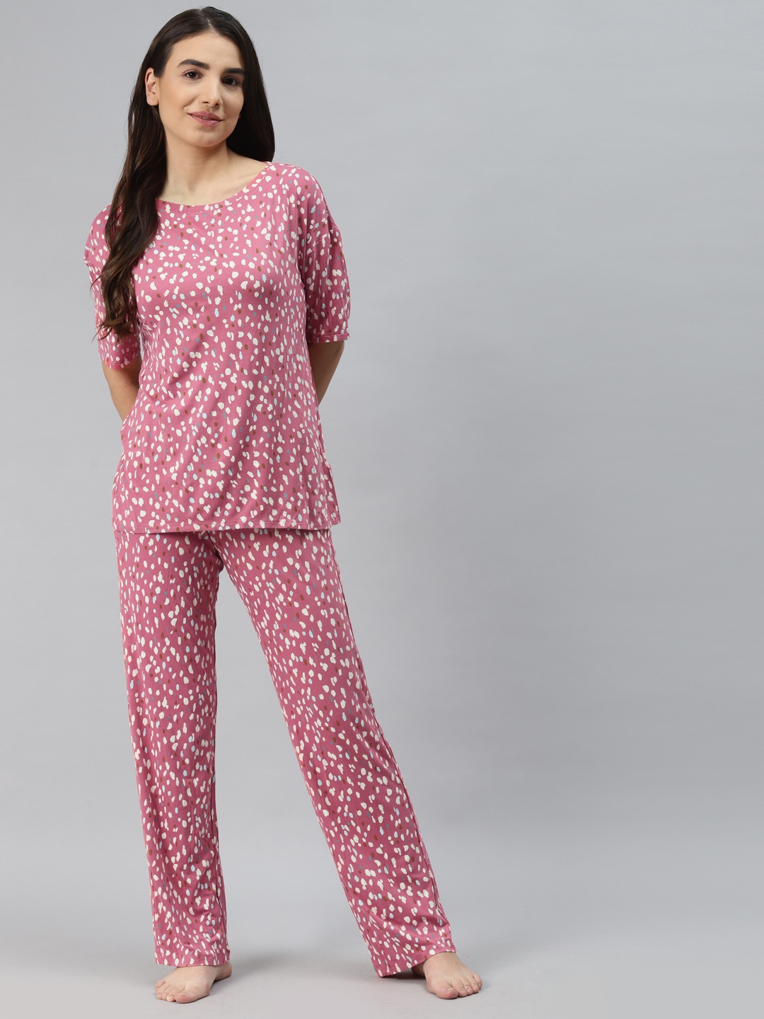 

Marks & Spencer Women Pink & Off White Cotton Printed Pyjama Set