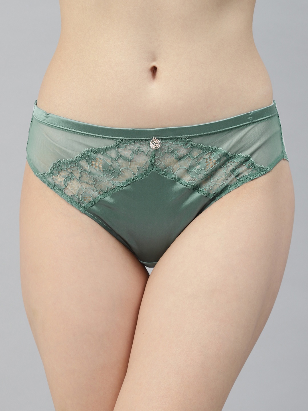 

Marks & Spencer Women Green Solid Satin Finish Briefs with Lace Inserts Detail T816380