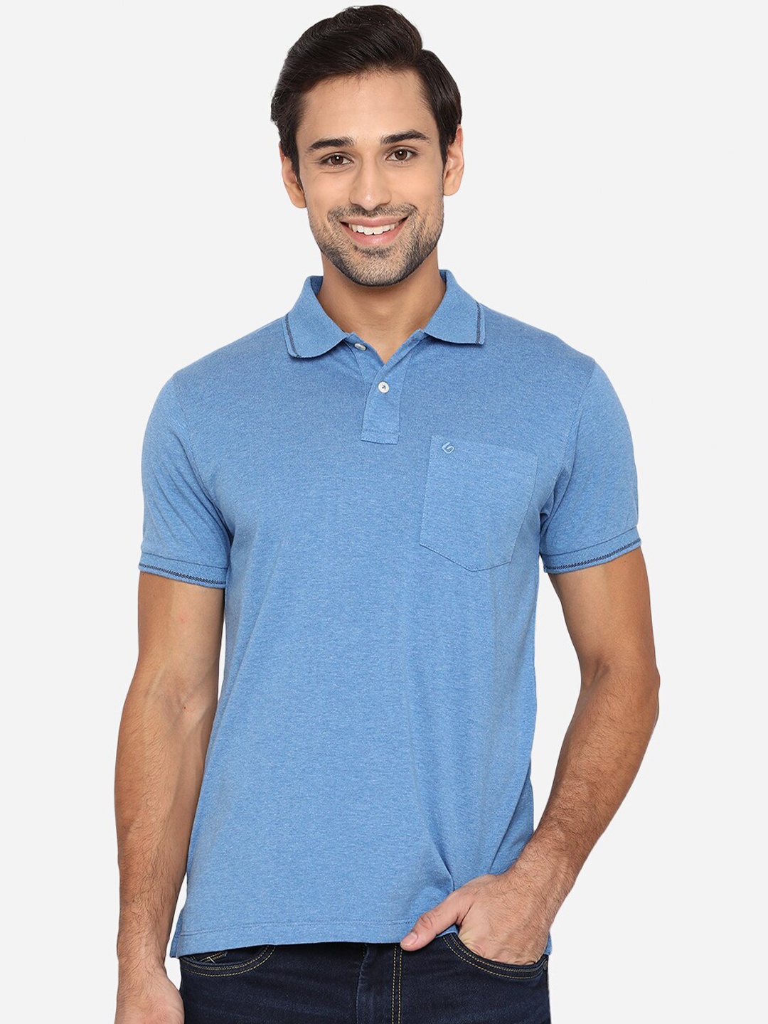 

Greenfibre Men Blue Polo Collar Pockets Slim Fit T-shirt