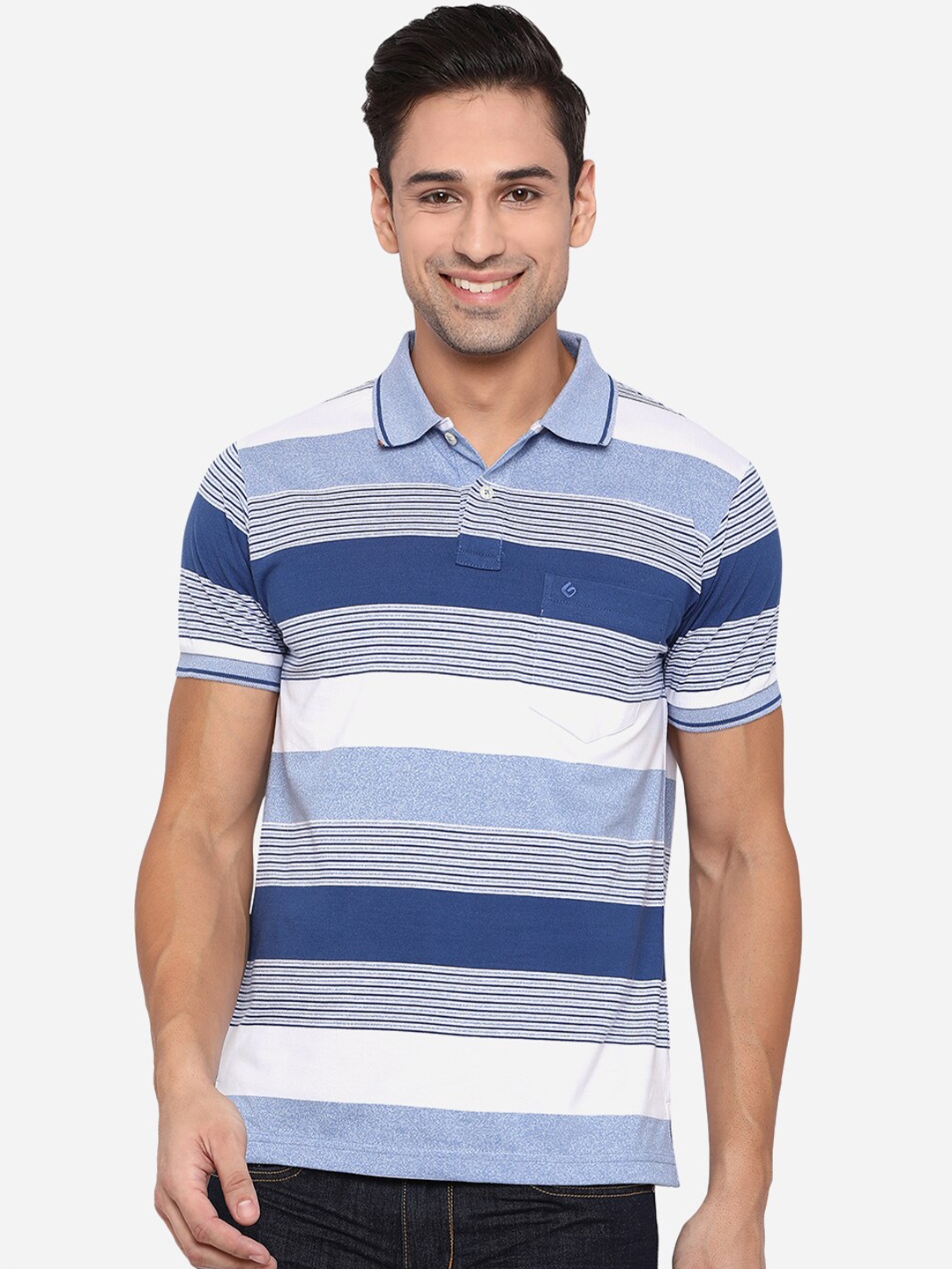 

Greenfibre Men Blue & White Striped Polo Collar Pockets Slim Fit T-shirt
