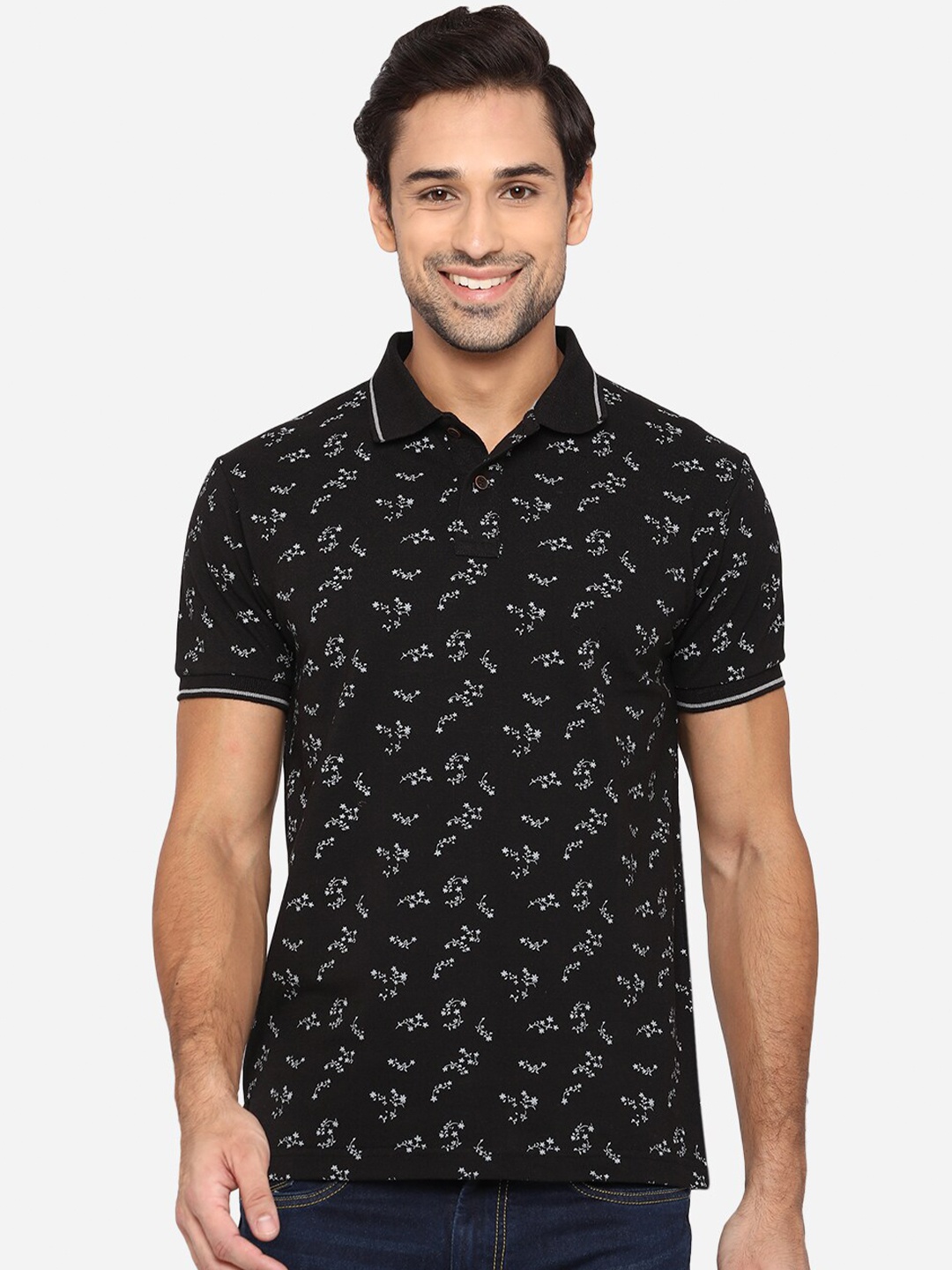 

Greenfibre Men Floral Printed Polo Collar Pockets Slim Fit T-shirt, Black