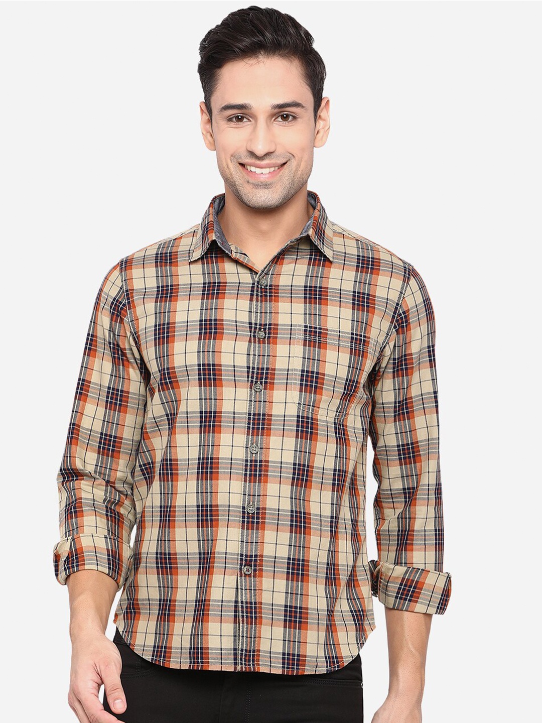 

Greenfibre Men Yellow Slim Fit Tartan Checks Opaque Cotton Casual Shirt