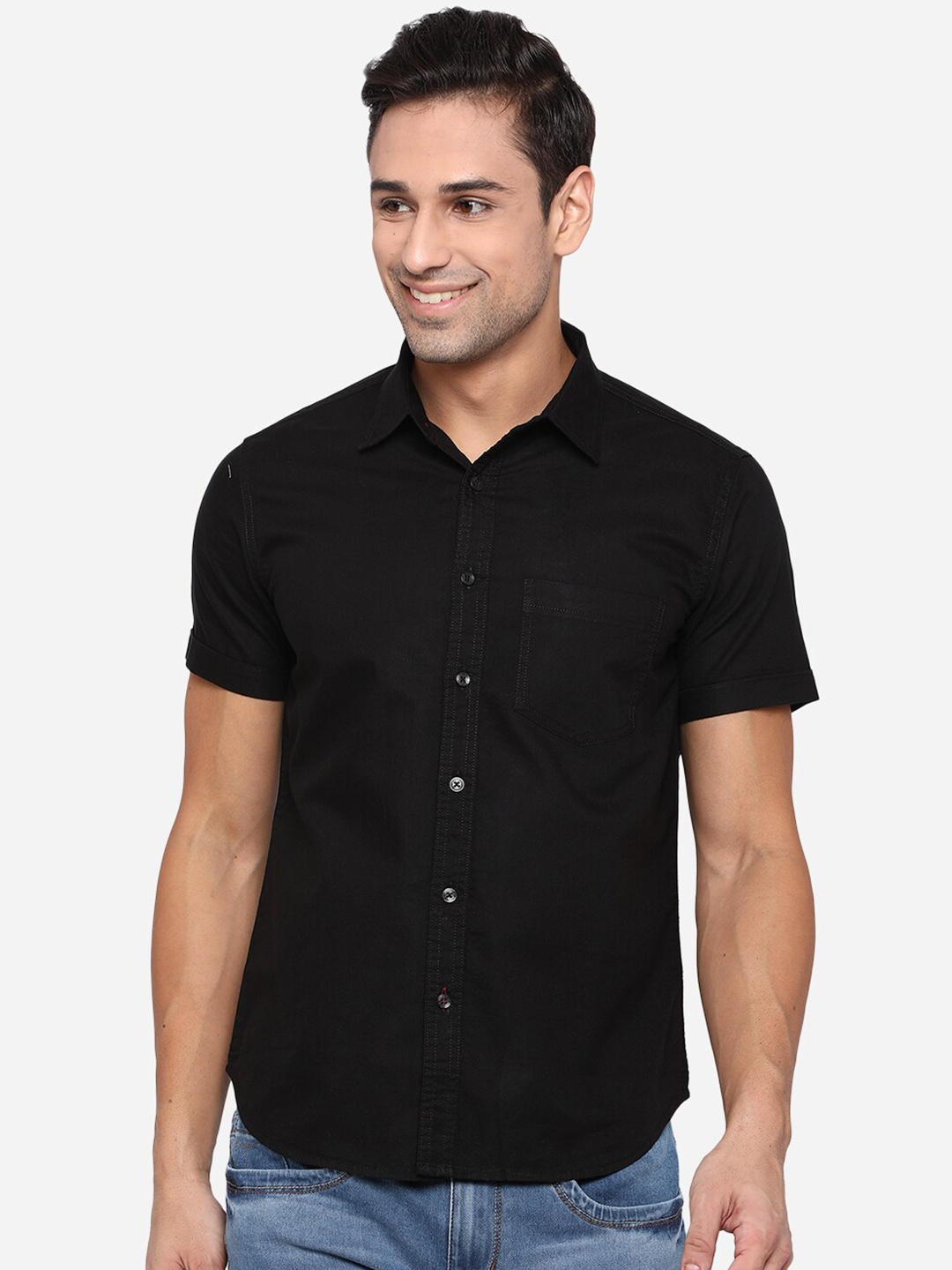 

Greenfibre Men Black Slim Fit Opaque Casual Cotton Shirt