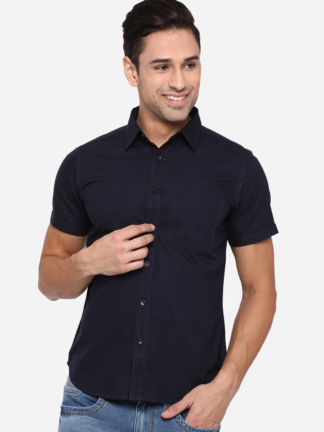 

Greenfibre Men Blue Slim Fit Opaque Casual Cotton Shirt