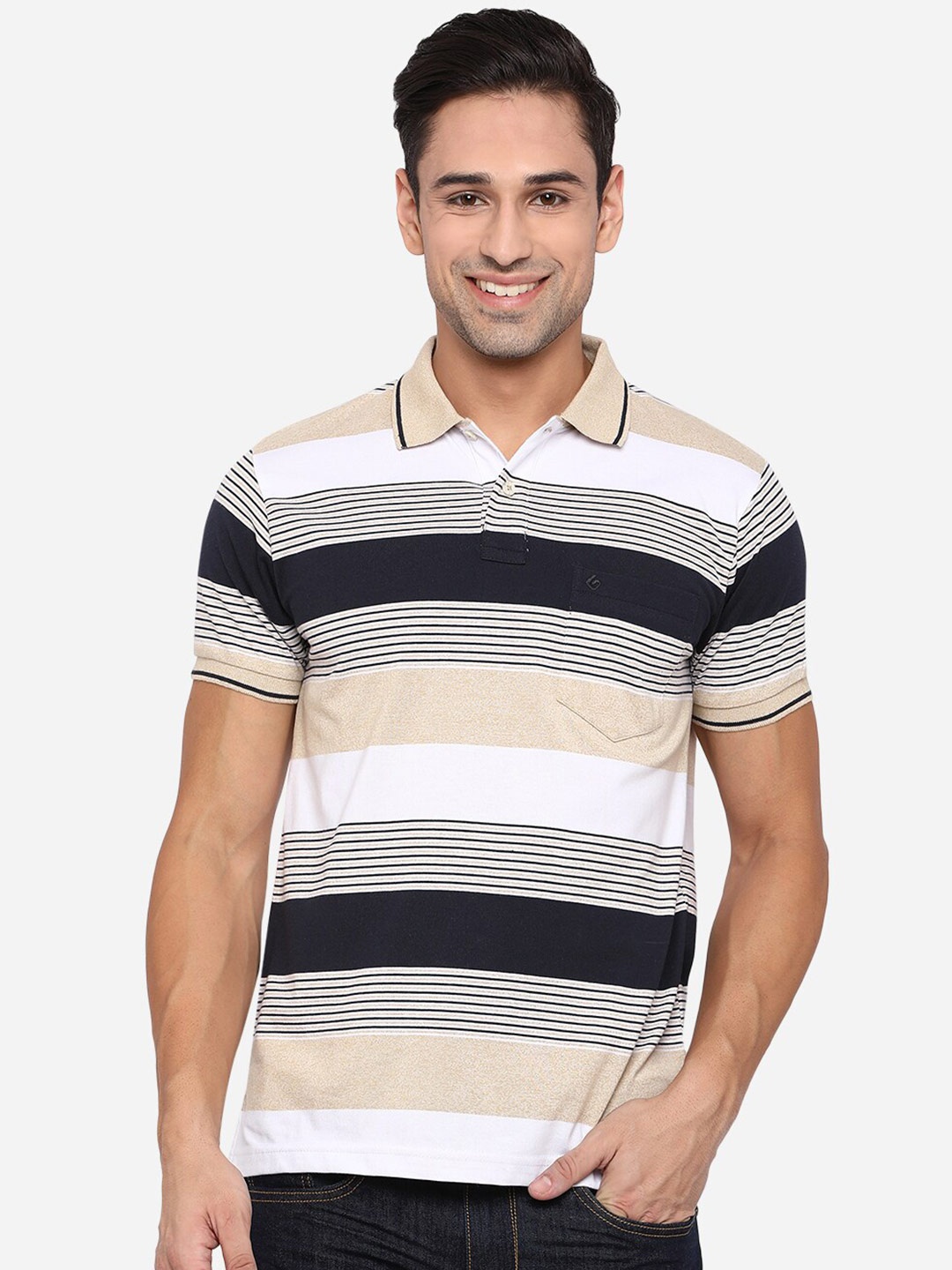 

Greenfibre Men Beige & Black Striped Polo Collar Slim Fit T-shirt