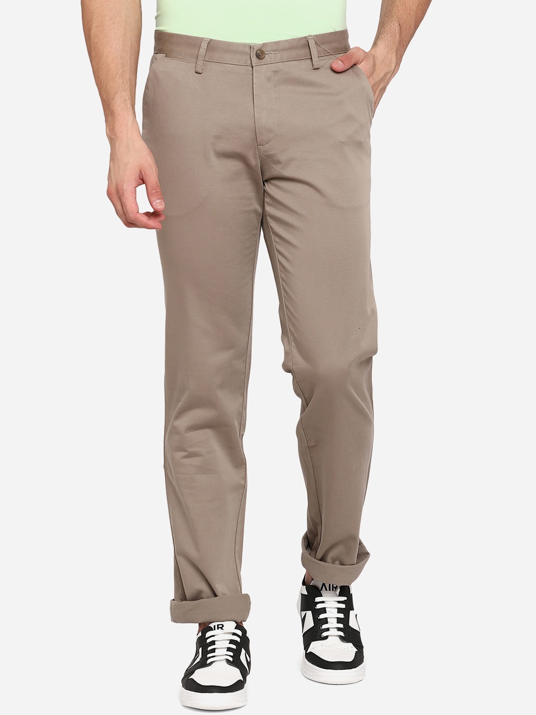 

Greenfibre Men Taupe Textured Slim Fit Wrinkle Free Chinos Trousers