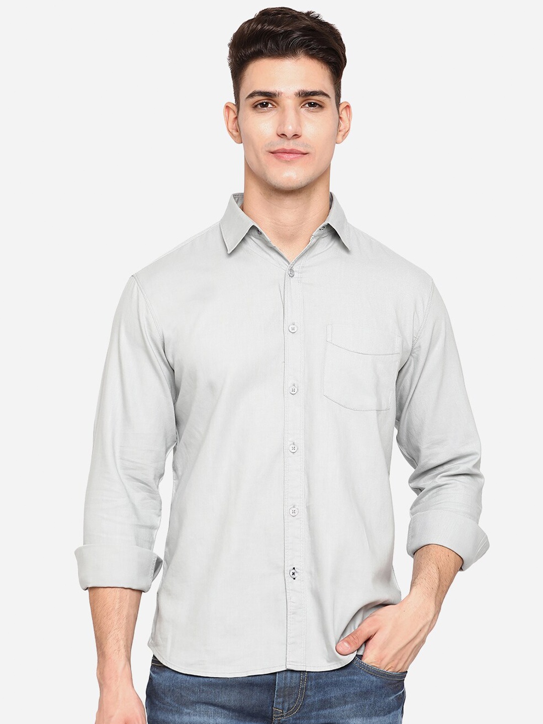 

Greenfibre Men Grey Slim Fit Opaque Pure Cotton Casual Shirt