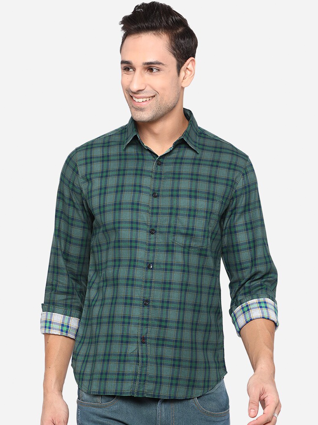 

Greenfibre Men Green Slim Fit Opaque Checked Pure Cotton Casual Shirt