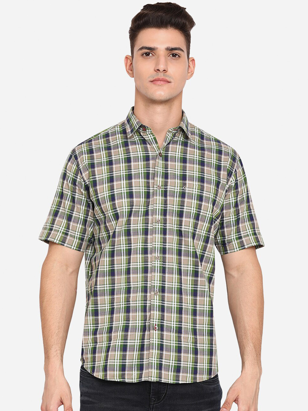 

Greenfibre Men Grey & Green Opaque Checked Casual Shirt