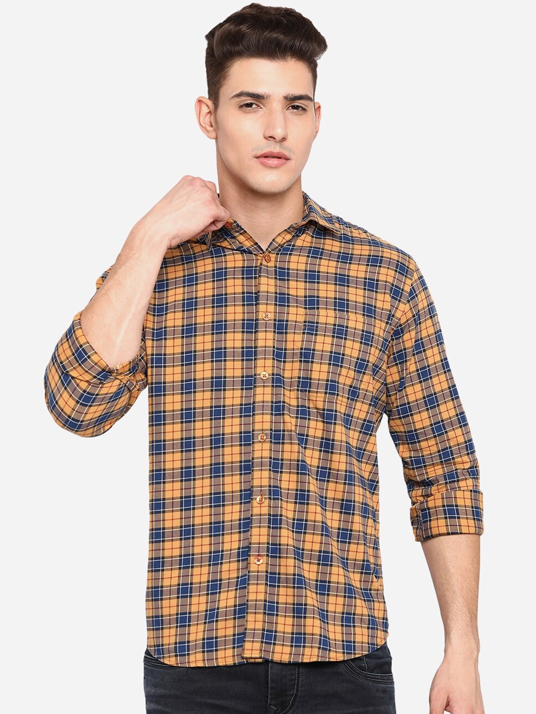 

Greenfibre Men Mustard Yellow & Navy Blue Opaque Checked Casual Shirt