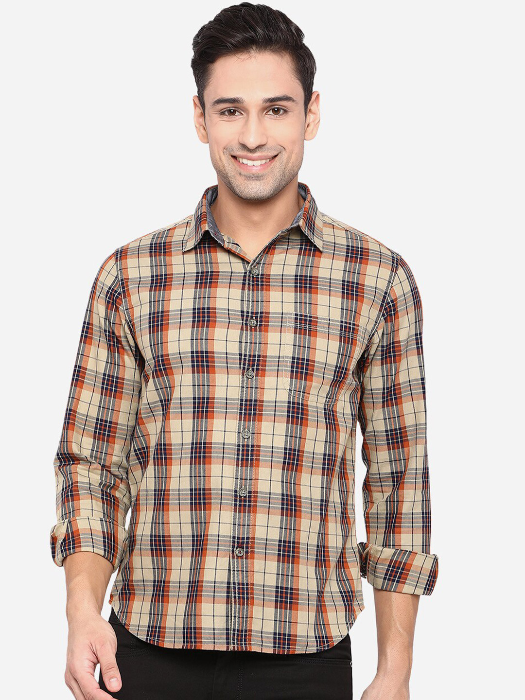 

Greenfibre Men Yellow & Orange Slim Fit Opaque Checked Pure Cotton Casual Shirt