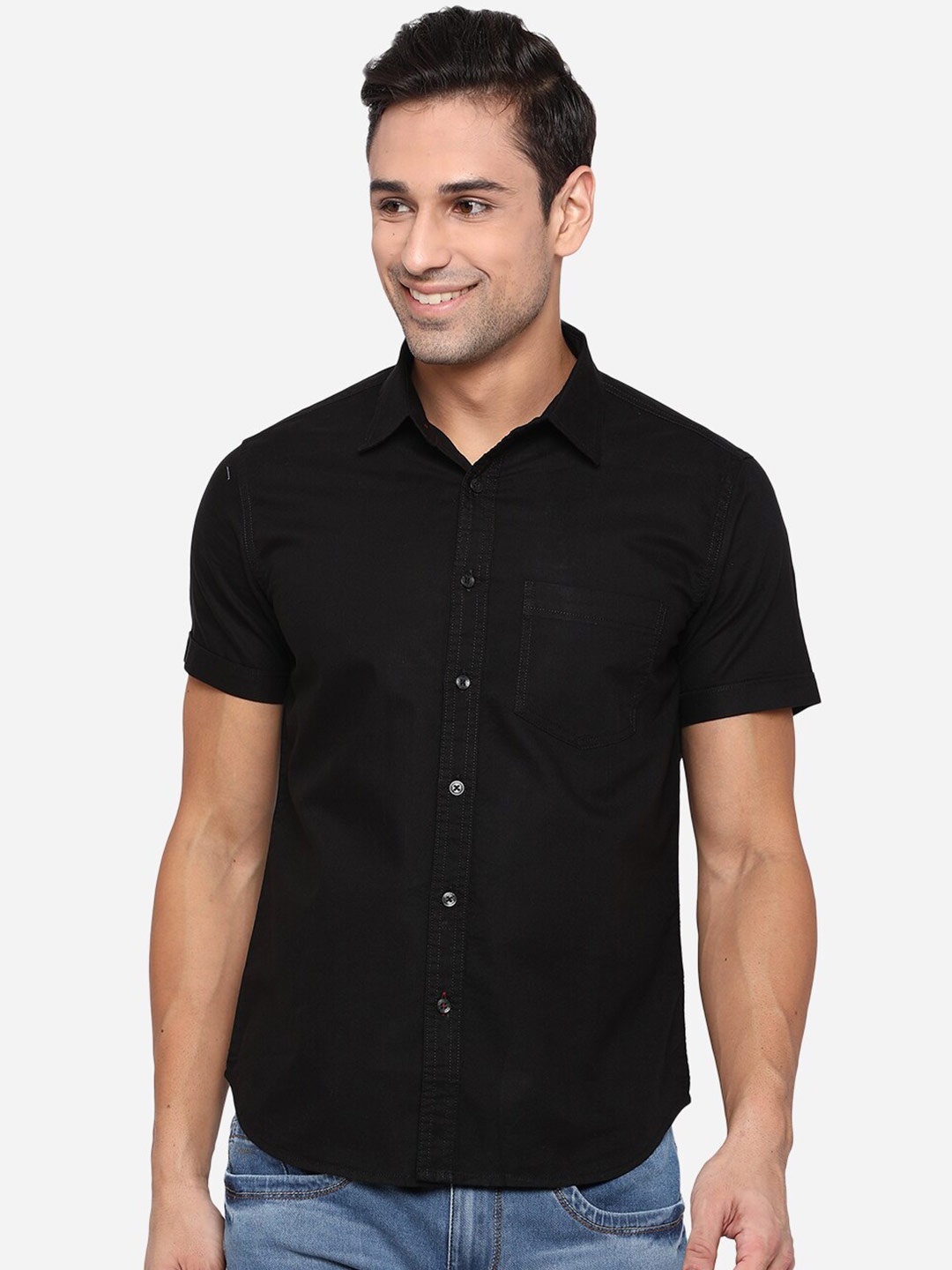 

Greenfibre Men Black Slim Fit Opaque Pure Cotton Casual Shirt