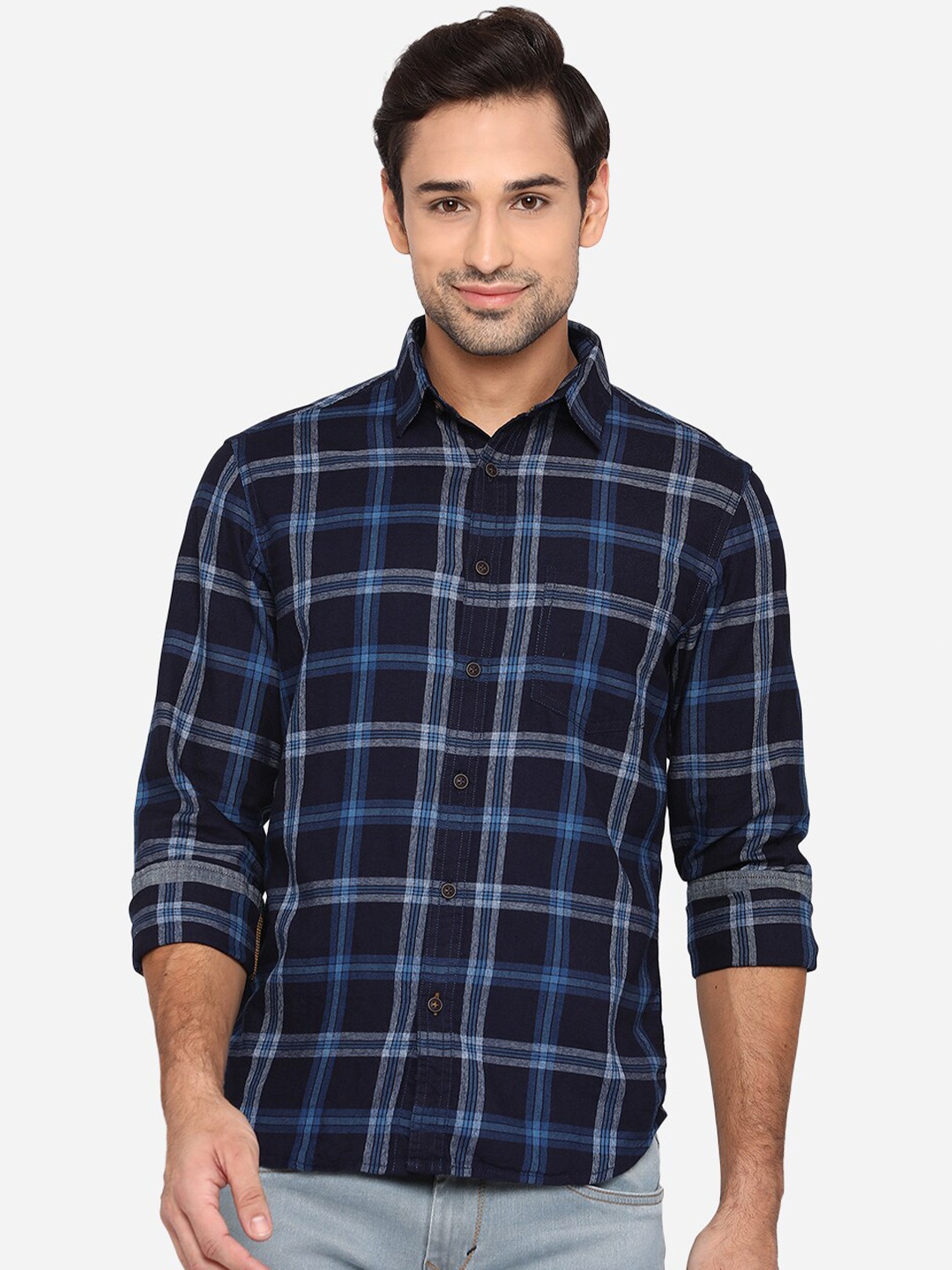 

Greenfibre Men Navy Blue Slim Fit Opaque Checked Pure Cotton Casual Shirt
