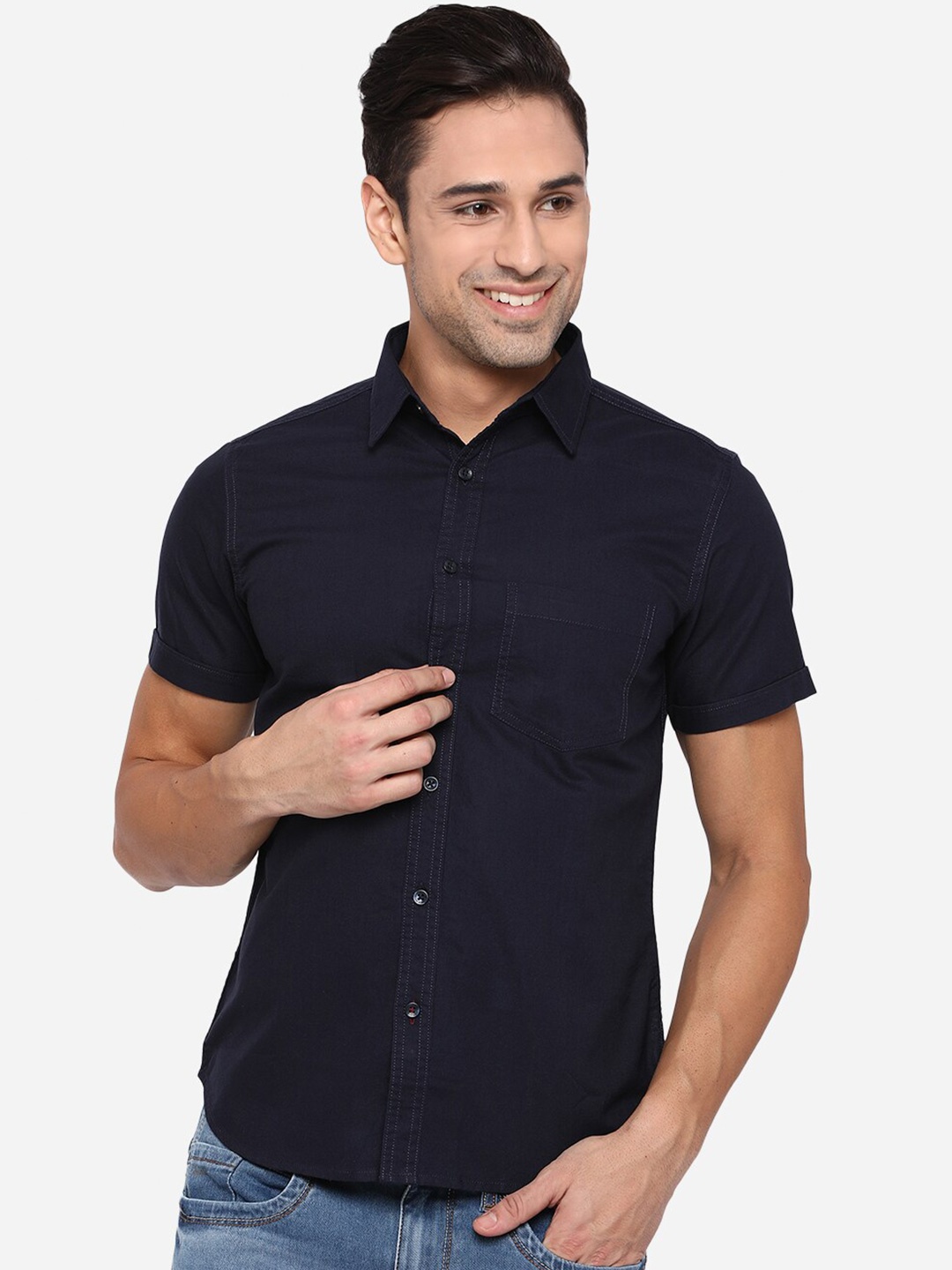 

Greenfibre Men Navy Blue Slim Fit Pure Cotton Casual Shirt