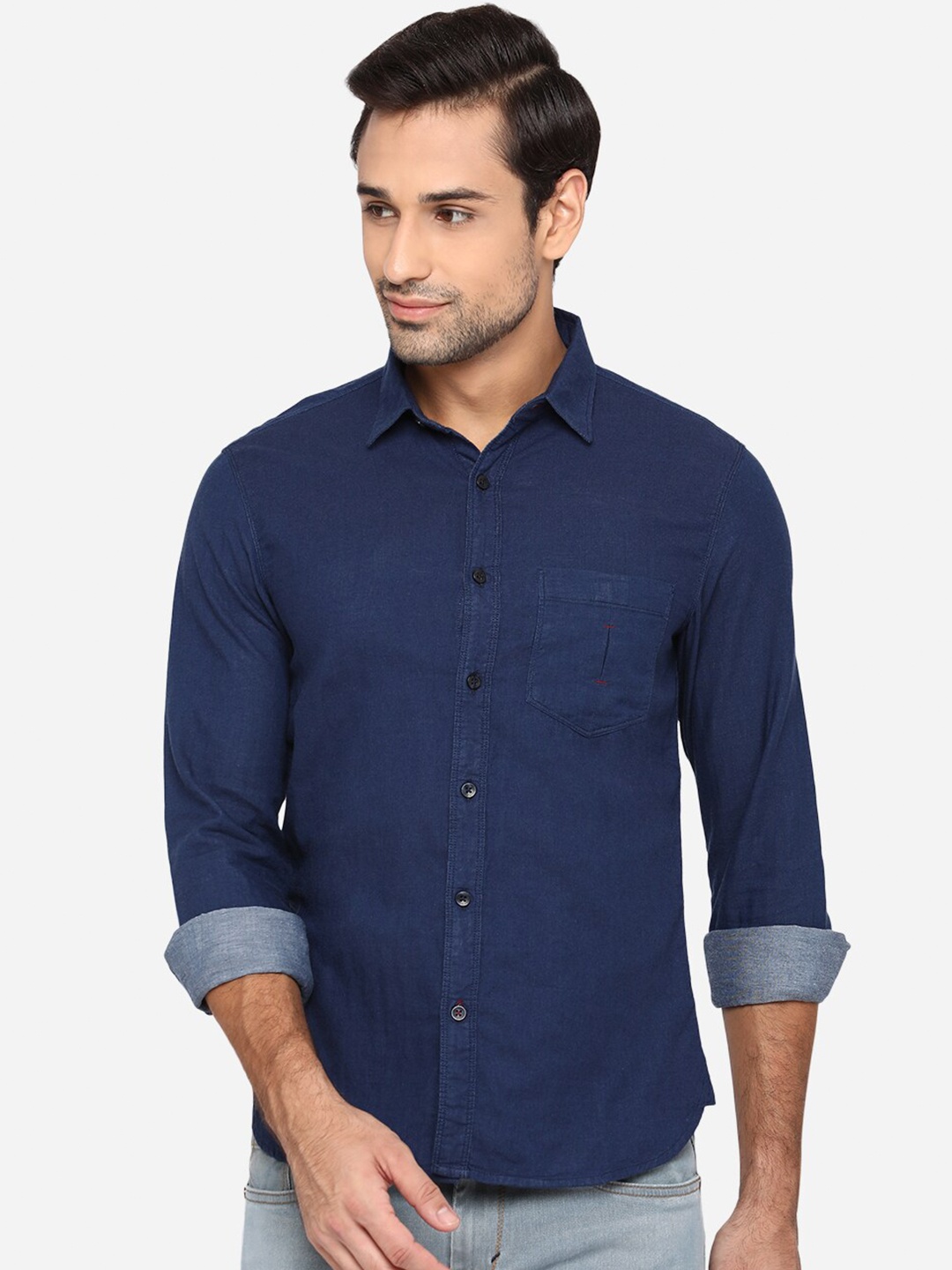 

Greenfibre Men Navy Blue Slim Fit Pure Cotton Casual Shirt