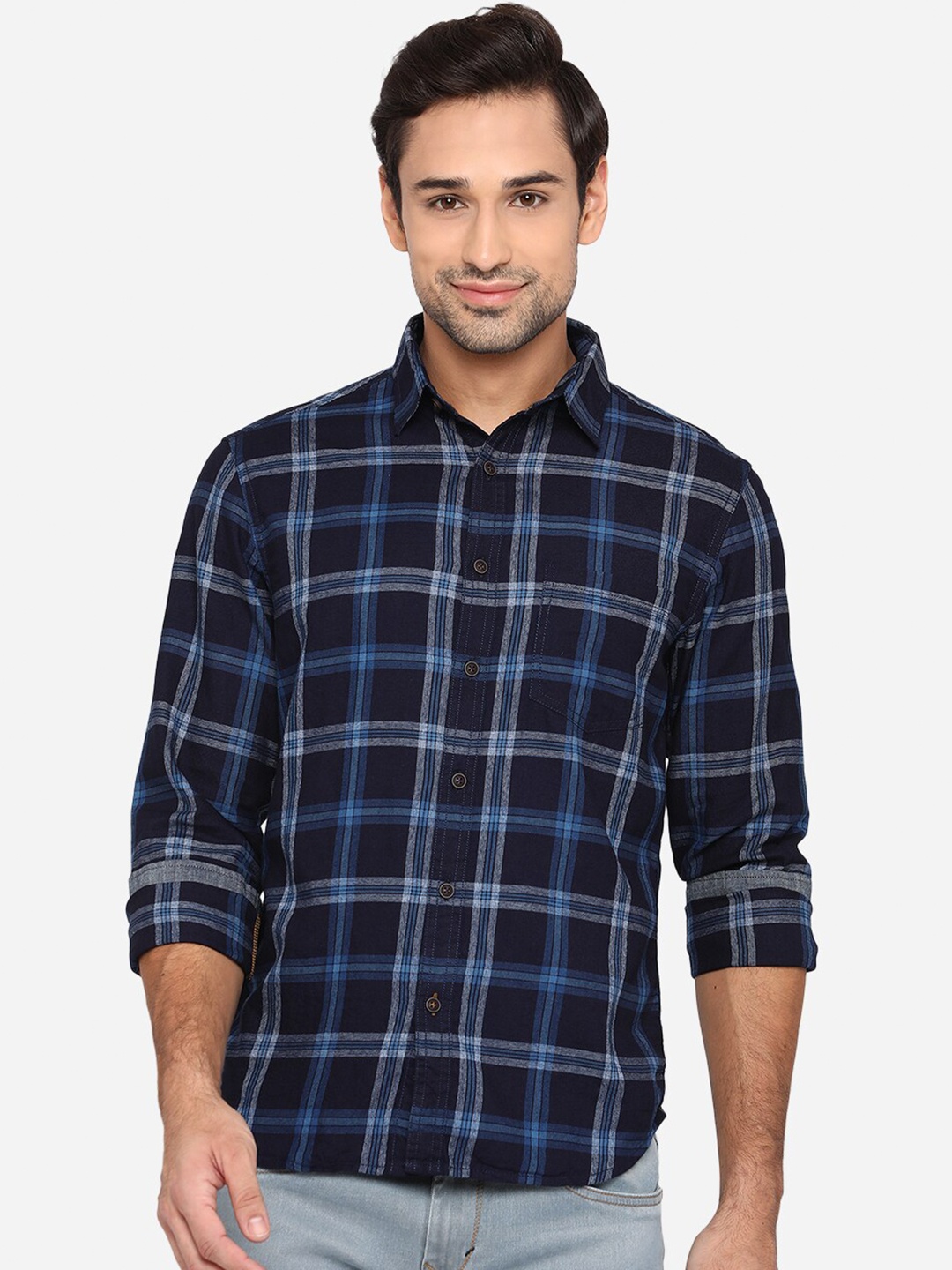 

Greenfibre Men Navy Blue Slim Fit Opaque Pure Cotton Checked Casual Shirt