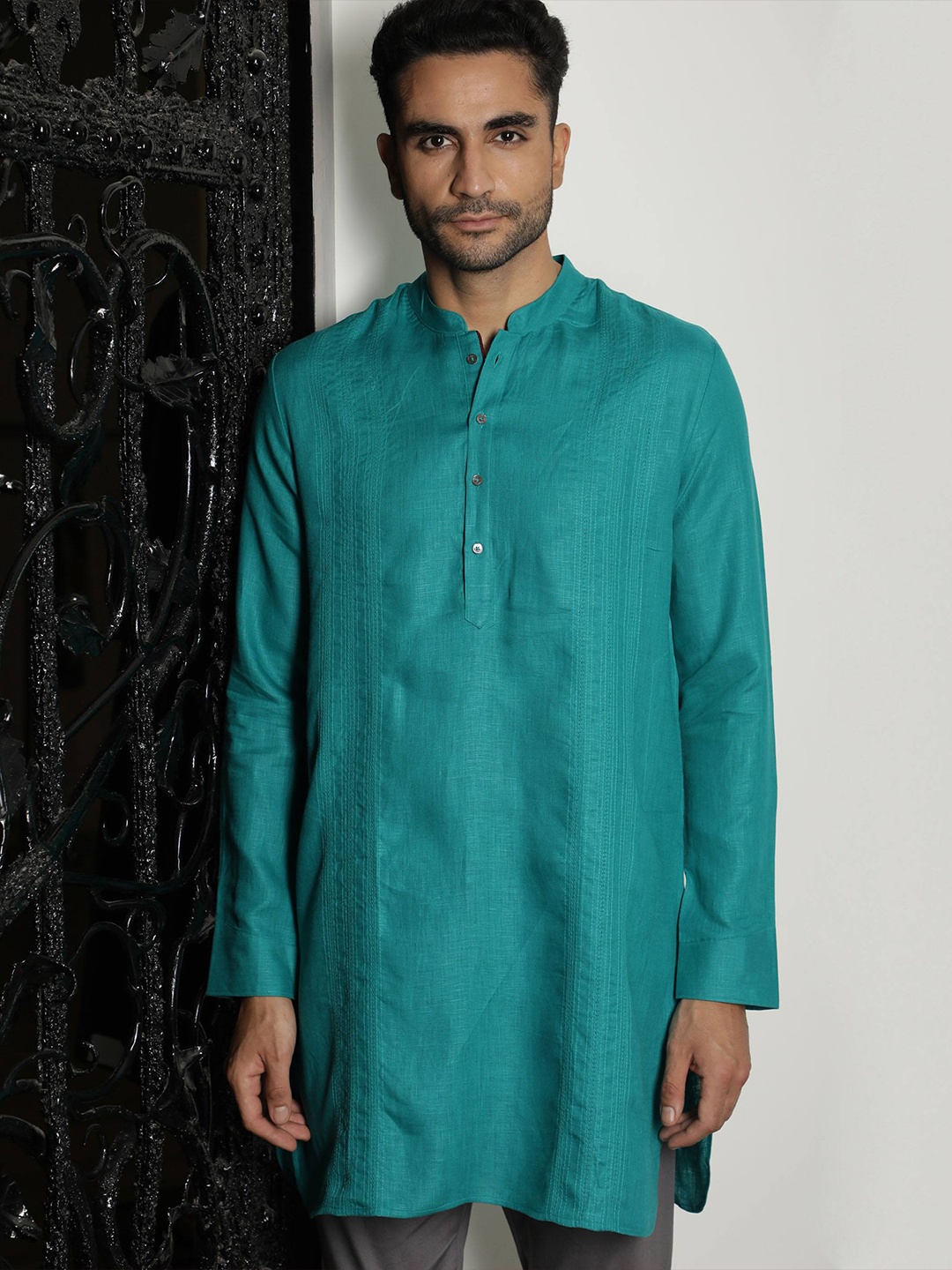 

RARE RABBIT Men President Regular Fit Mandarin Kurta, Green