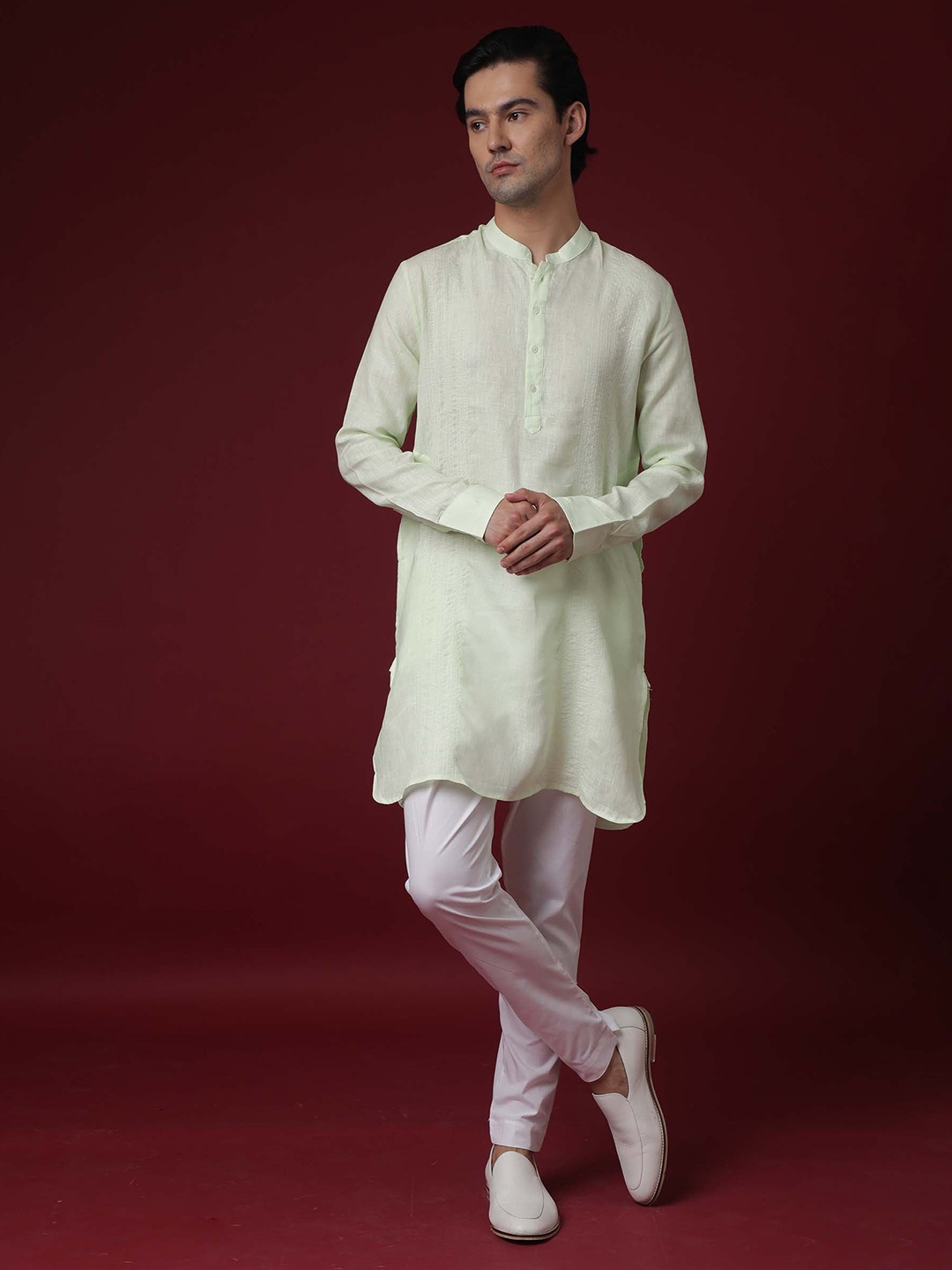 

RARE RABBIT Men President Regular Fit Mandarin Kurta, Green