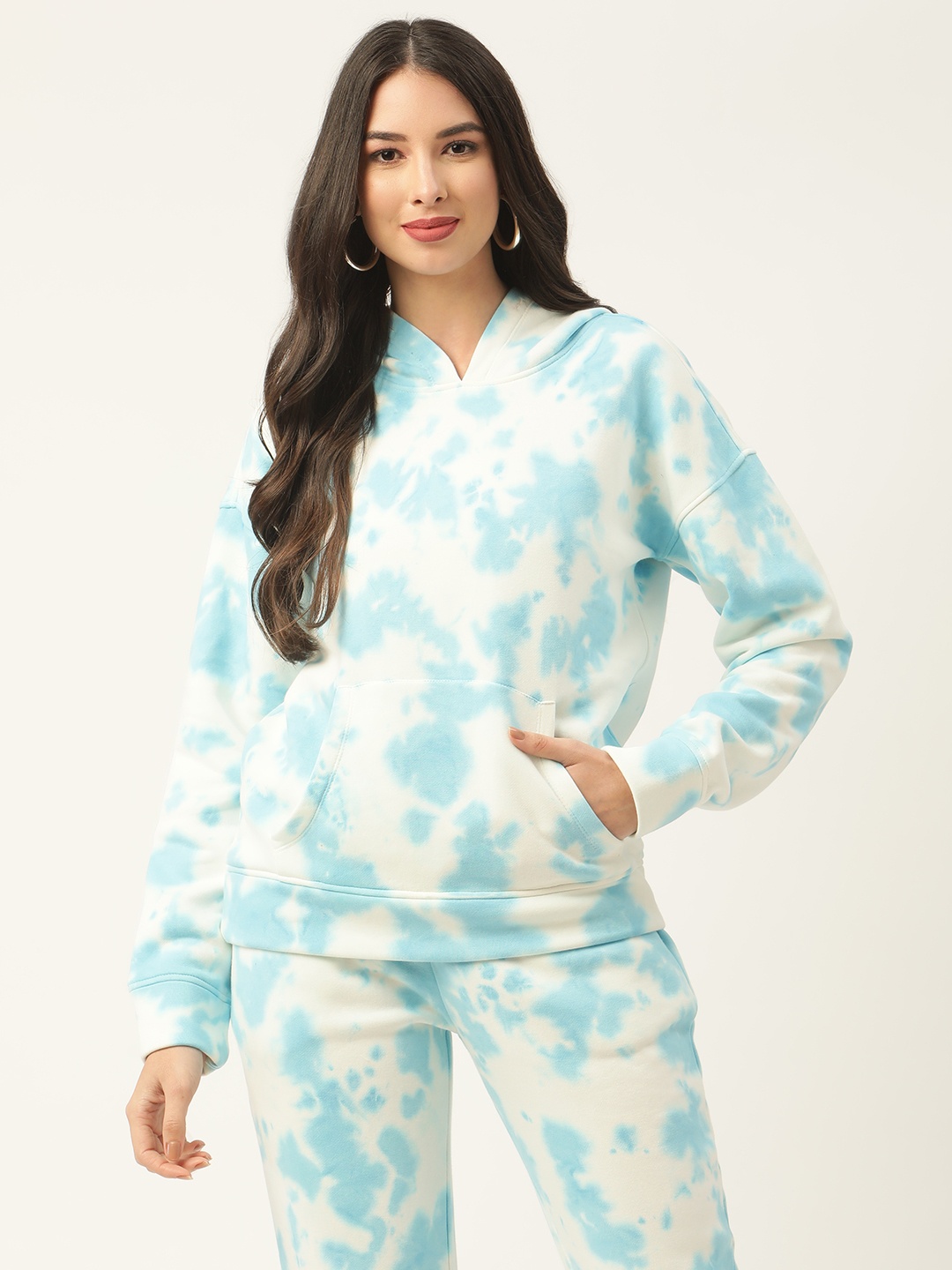 

Aayna Women Blue Colourblocked Printed Hooded Sweatshirt