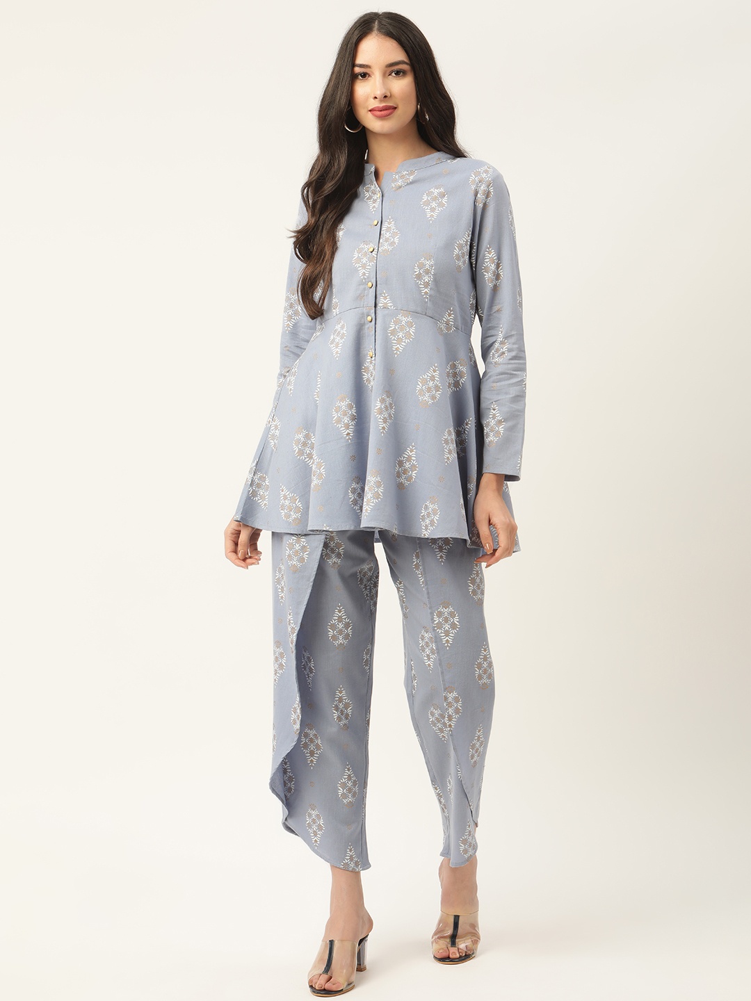 

Aayna Women Blue Ethnic Motifs Printed Empire Pure Cotton Kurti with Dhoti Pants