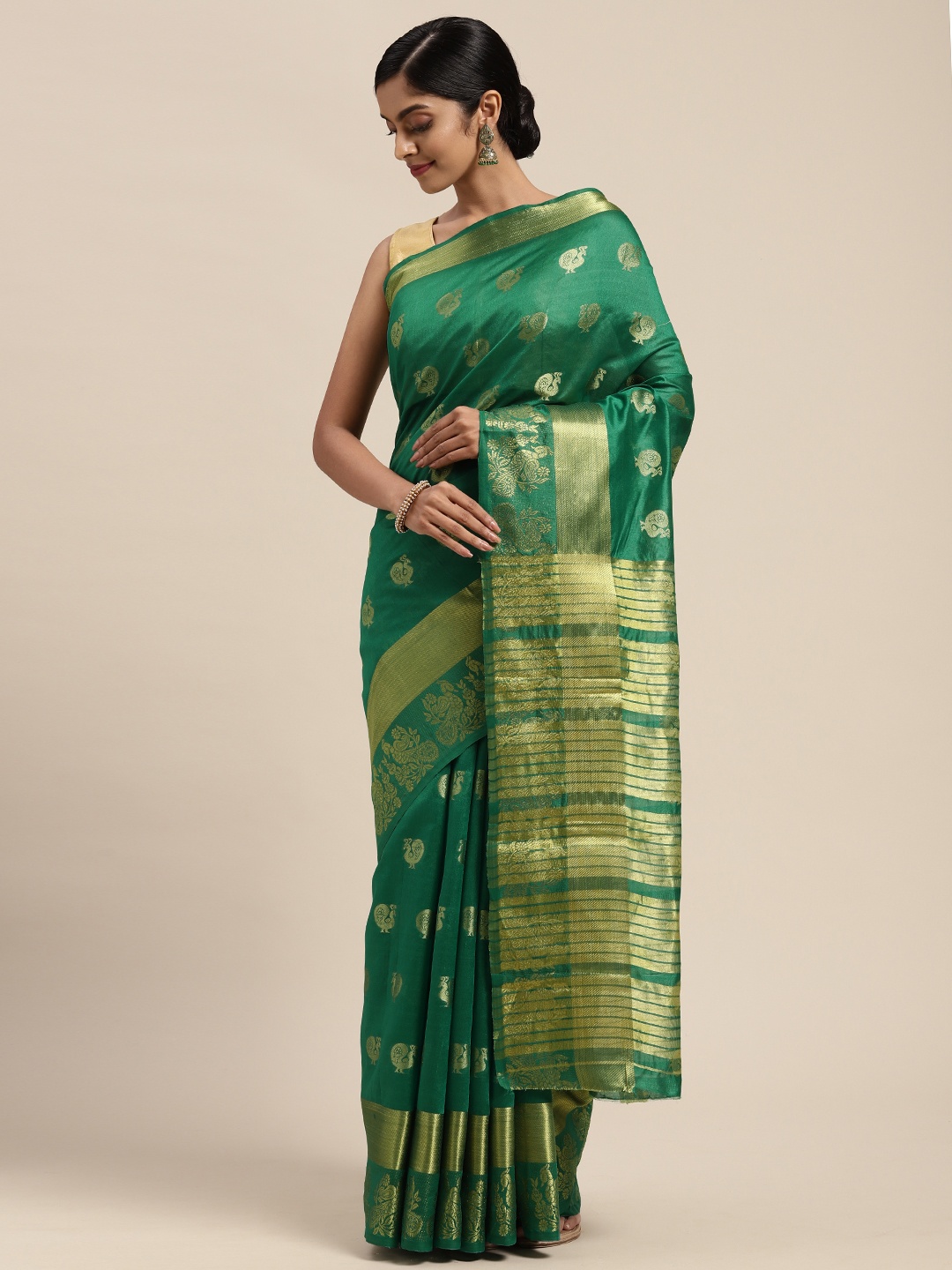 

Mitera Green & Gold-Toned Woven Design Zari Silk Blend Chanderi Saree